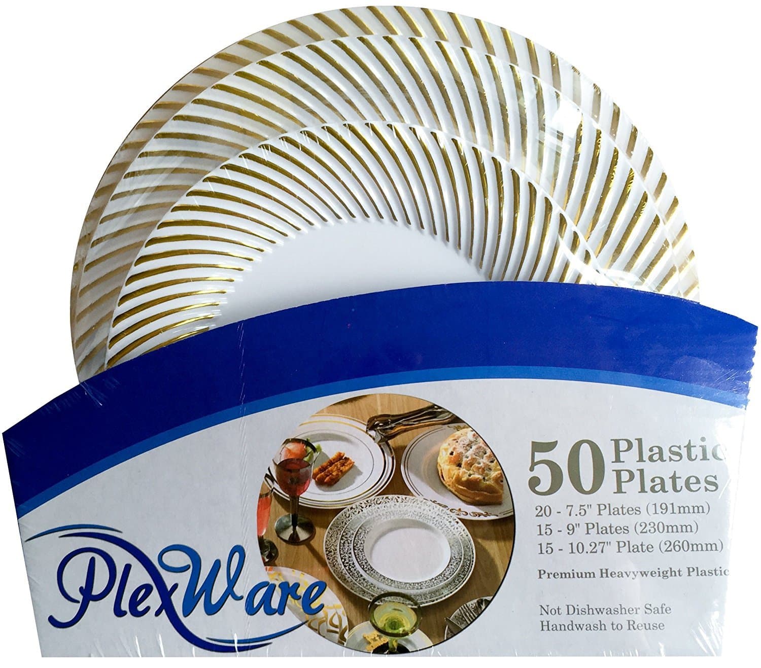 PLEXWARE50 Pcs White Heavy Duty Plastic Disposable Plates Set with Golden Swirl Rim, 7.5" Dessert - 20 Pcs, 9" Lunch - 15 Pcs, 10.25" Dinner - 15 pcs, Disposable Plastic Plates for Party Wedding