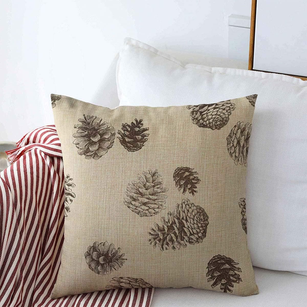Throw Pillows Cover 18 x 18 Inches Brown Pinecone Pattern Pine Cones Nature Forest Drawing Christmas Spruce Botanical Hand Tree Winter Cushion Case Cotton Linen for Fall Home Decor