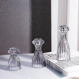Lysenn Glass Candle Stick Holder Set of 3 – Premium Taper Candle Holders for Romantic Ambiance - Candle Sticks Holder Decor for Special Occasions - Smoke Gray