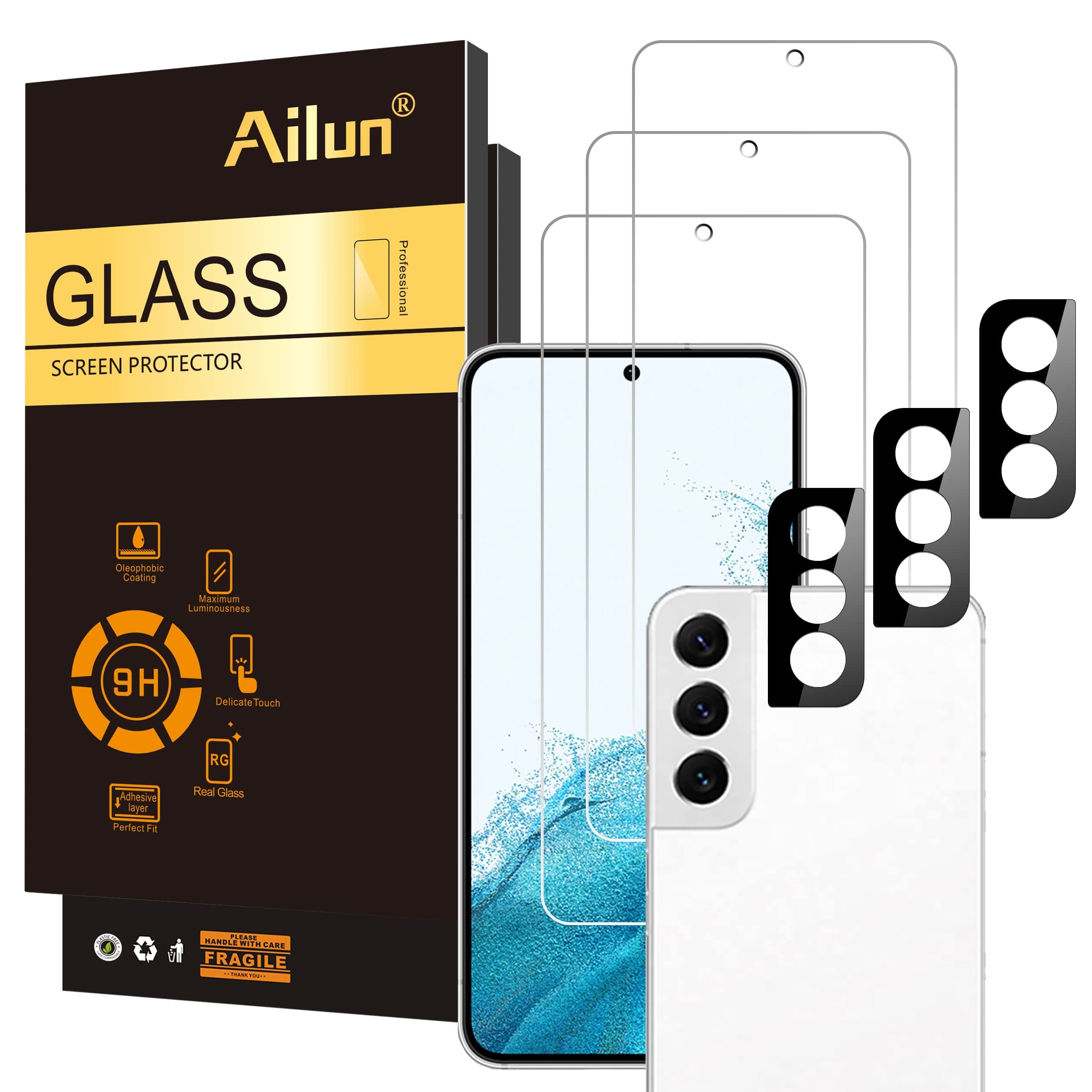 Ailun Tempered Glass Screen Protector for Galaxy S22 - 3 Pack Screen Protectors + 3 Pack Camera Lens Protectors - Fingerprint Unlock Compatible, Clear Case Friendly
