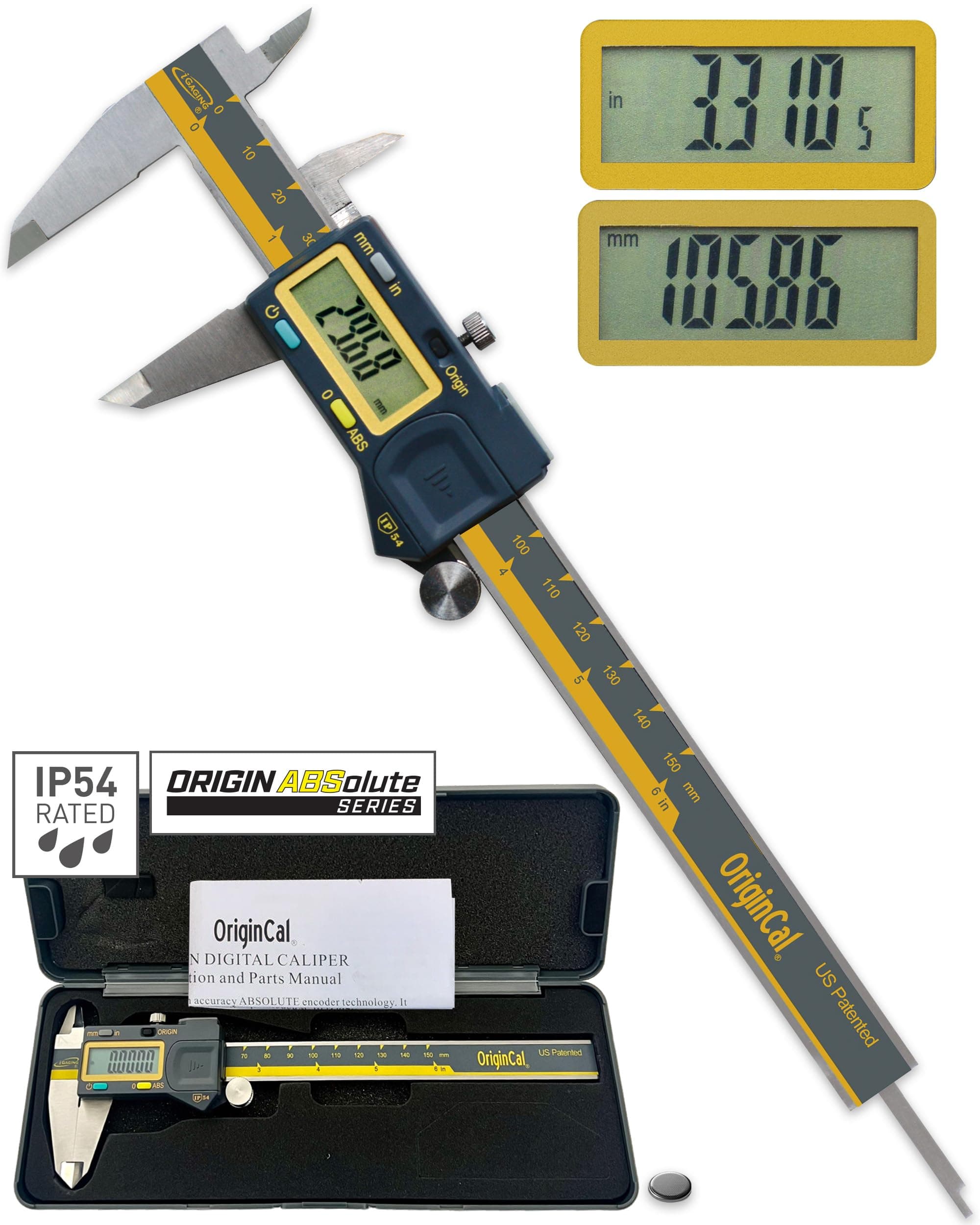 - Absolute Origin 0-6" Digital Caliper, IP54 Stainless Steel, SPC/USB Output Port, Inch & Metric Modes, Case, Manual