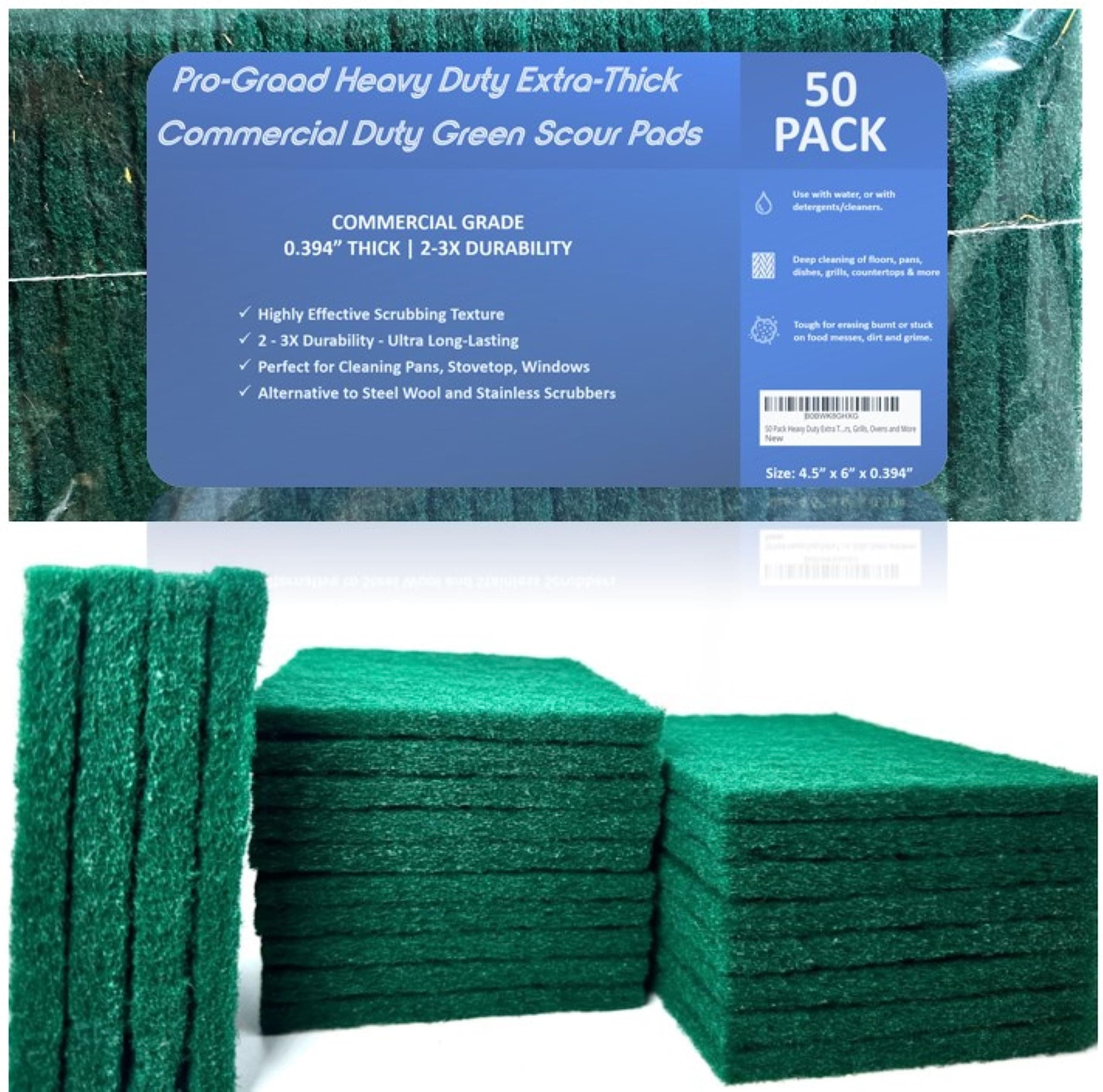 Pro-Graad 50 Pack Green Scouring Pads, Dish Scrubber Scouring Pads, 4.5 x 6 inch, Extra Thick and Durable, Reusable Household Scrub Pads for Cleaning, Dishes, Kitchen Scrubbers, Grills, Ovens and More