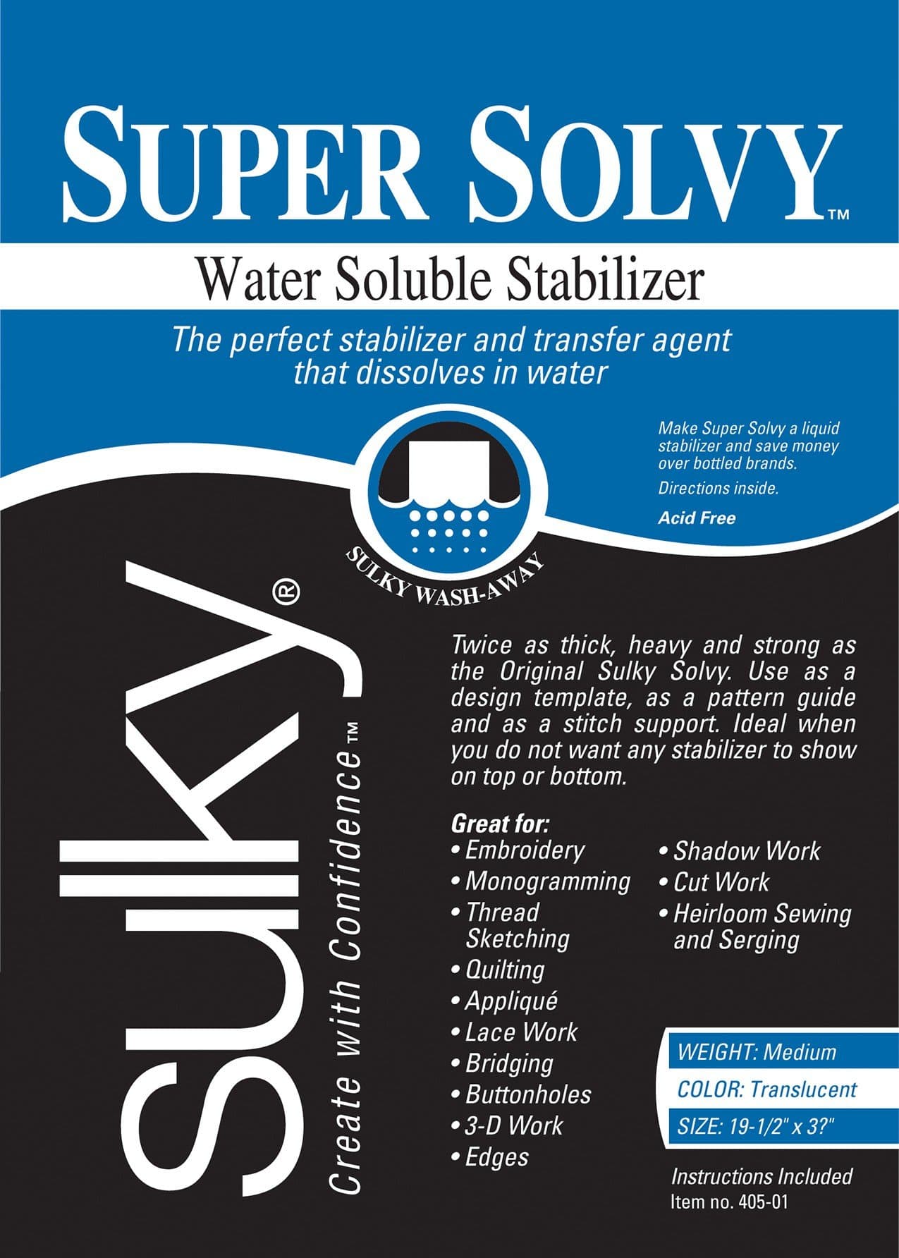 19 1/2 x 36-inch Medium Weight Super Solvy Water Soluble Stabilizer