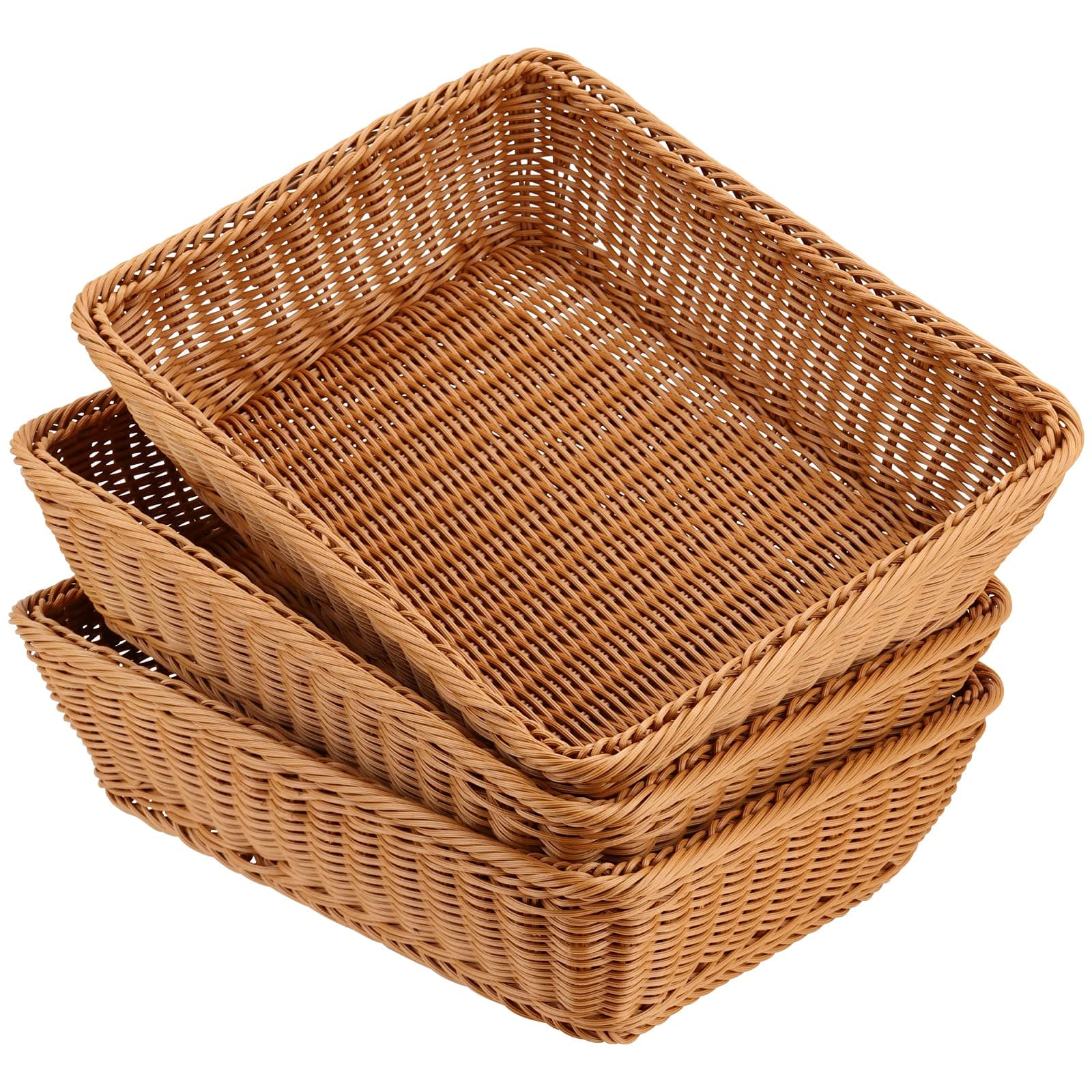 FUNSUEI 3 Pack 15.6 x 11.8 x 3.4 Inches Rectangular Poly Wicker Bread Baskets, Food Serving Baskets, Handmade Woven Pantry Organizer for Storing Bread, Vegetables, Fruits, Snacks and Crafts, Brown