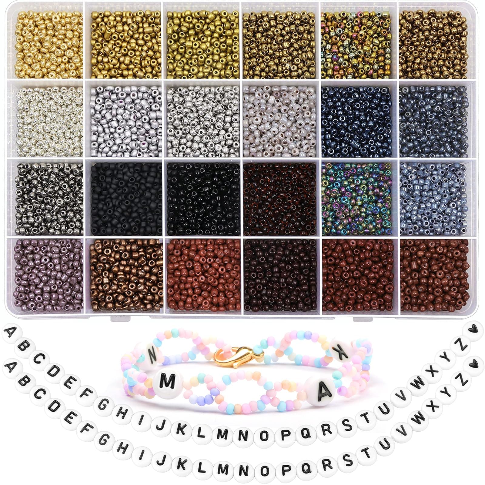 Glass Seed Beads Started Kit,14400pcs 3mm 8/0 Small Craft Beads with Jump Rings,Charms,Spacer Beads,Beading Needle,Tweezers,Scissors and Elastic String for DIY Bracelet Jewelry Making Supplies