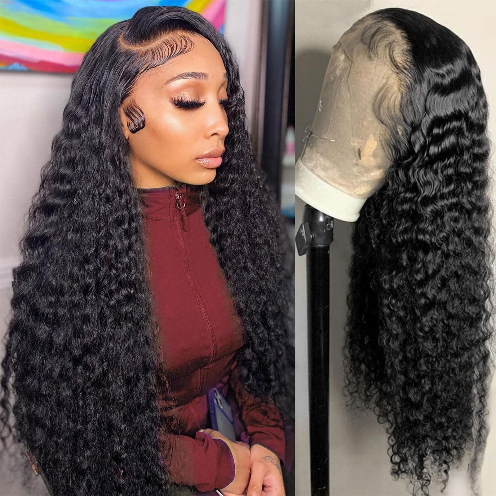 13x4 Deep Wave Lace Front Wigs Human Hair Deep Curly Frontal Wigs for Women 180% Density HD Transparent Lace Wigs Pre Plucked with Baby Hair Super Soft Glueless Wig Natural Black Color 28inch