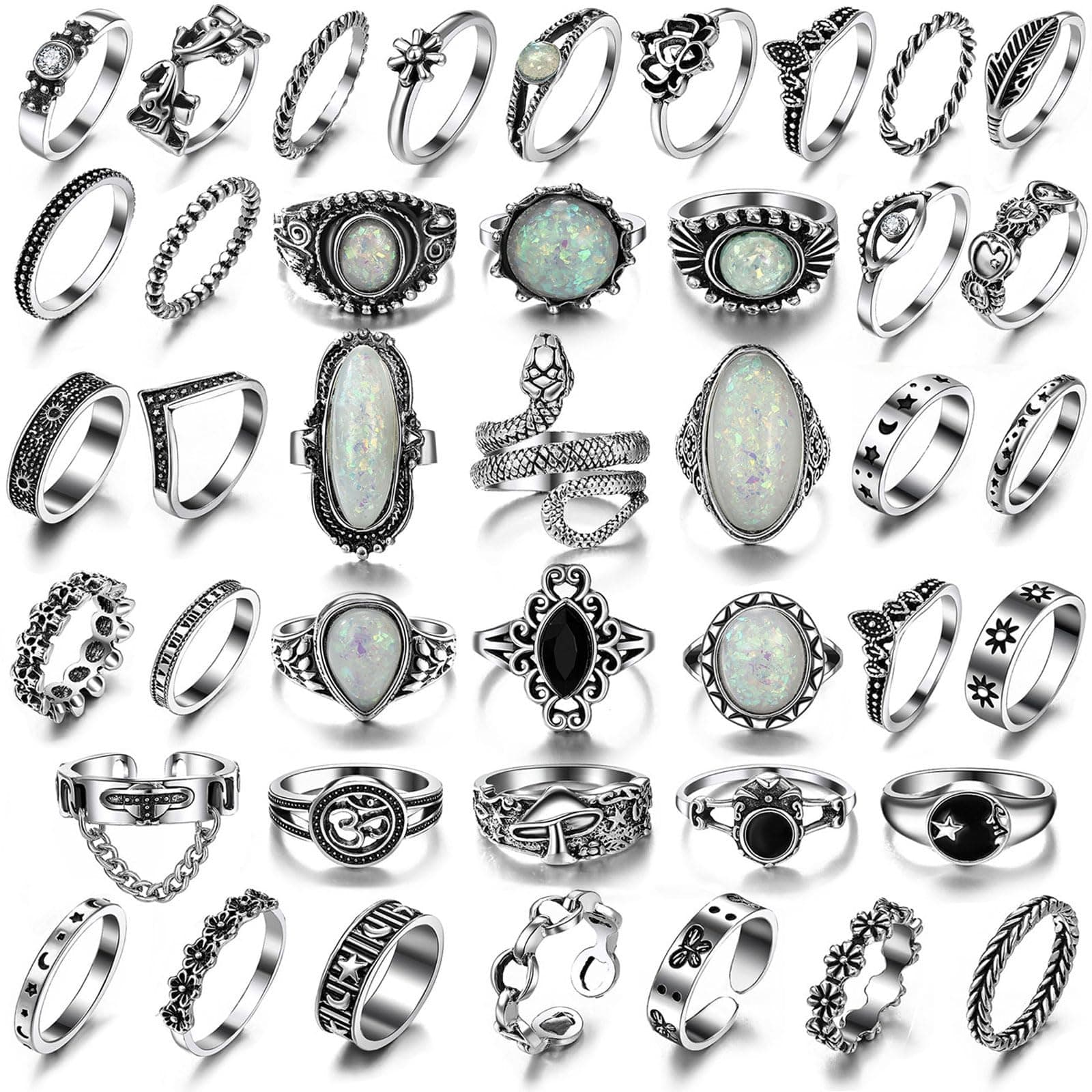 17IF Women 42pcs Vintage Silver Knuckle Rings Set for Women Chunky Colorful Stone Rings Aesthetic Snake Grunge Stackable Gothic Rings Adjustable Y2K Punk Bulky Boho Finger Alt of Rings,Stacking Sk