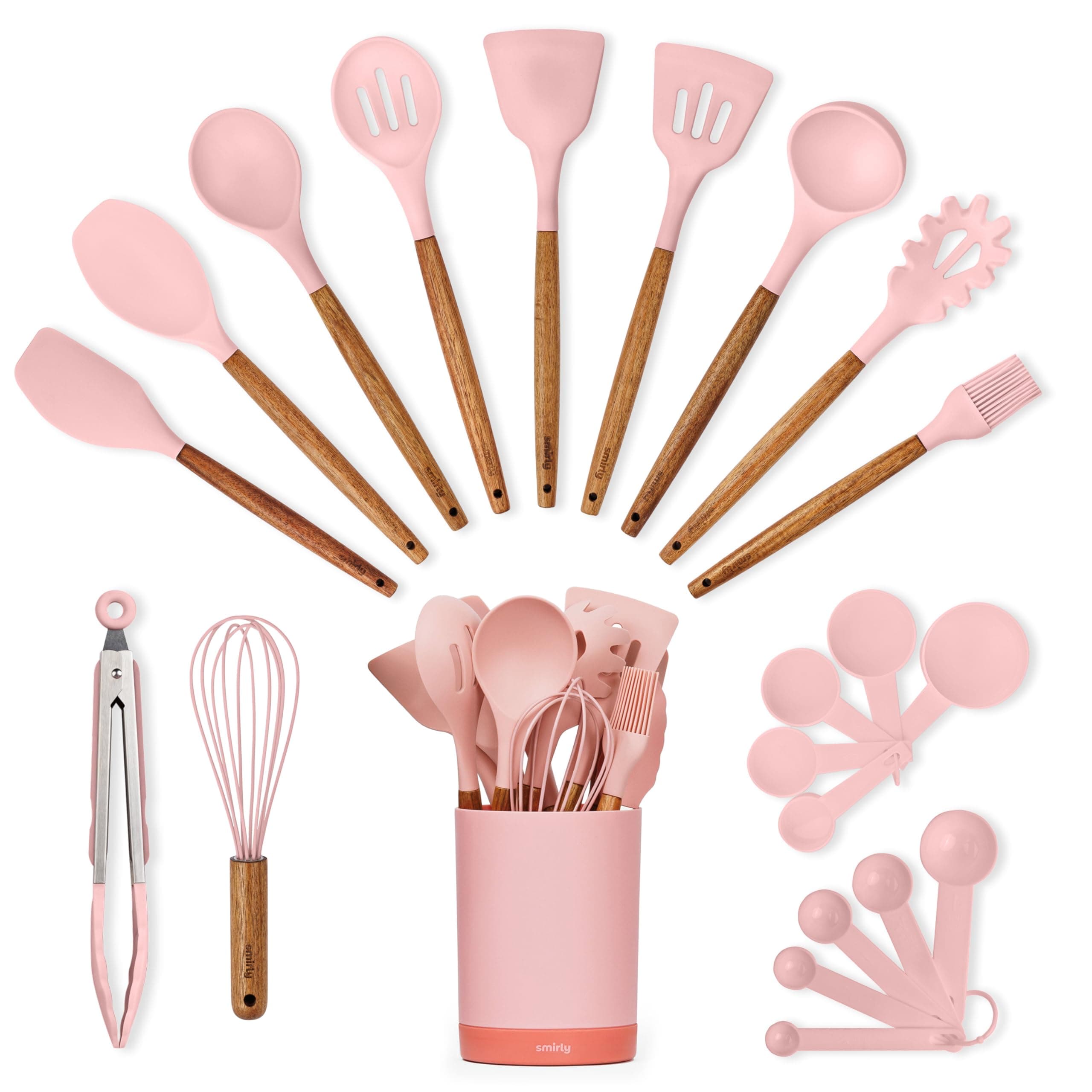 Silicone Kitchen Utensils Set & Holder: Cooking Utensils Set - Kitchen Essentials for New Home & 1st Apartment- Silicone Spatula Set, Cooking Spoons for Nonstick Cookware (Acacia Wood, Pink)