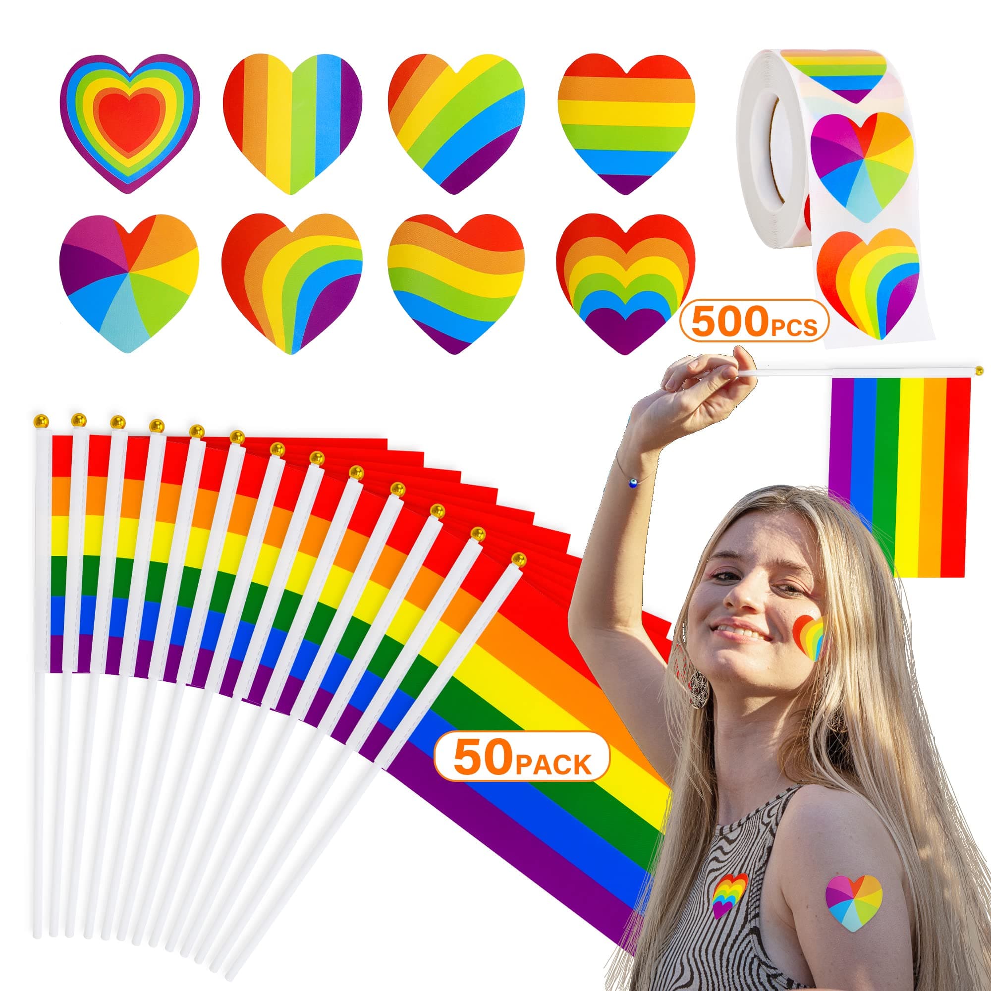 50 Pack Pride Flags and 500Pcs Pride Stickers, Mini Handheld LGBTQ Rainbow Flags, Gay Pride Rainbow Heart Stickers Bulk, Small Handheld Pride Flags, Lesbians Pride Month Stuff Set for Parade Party
