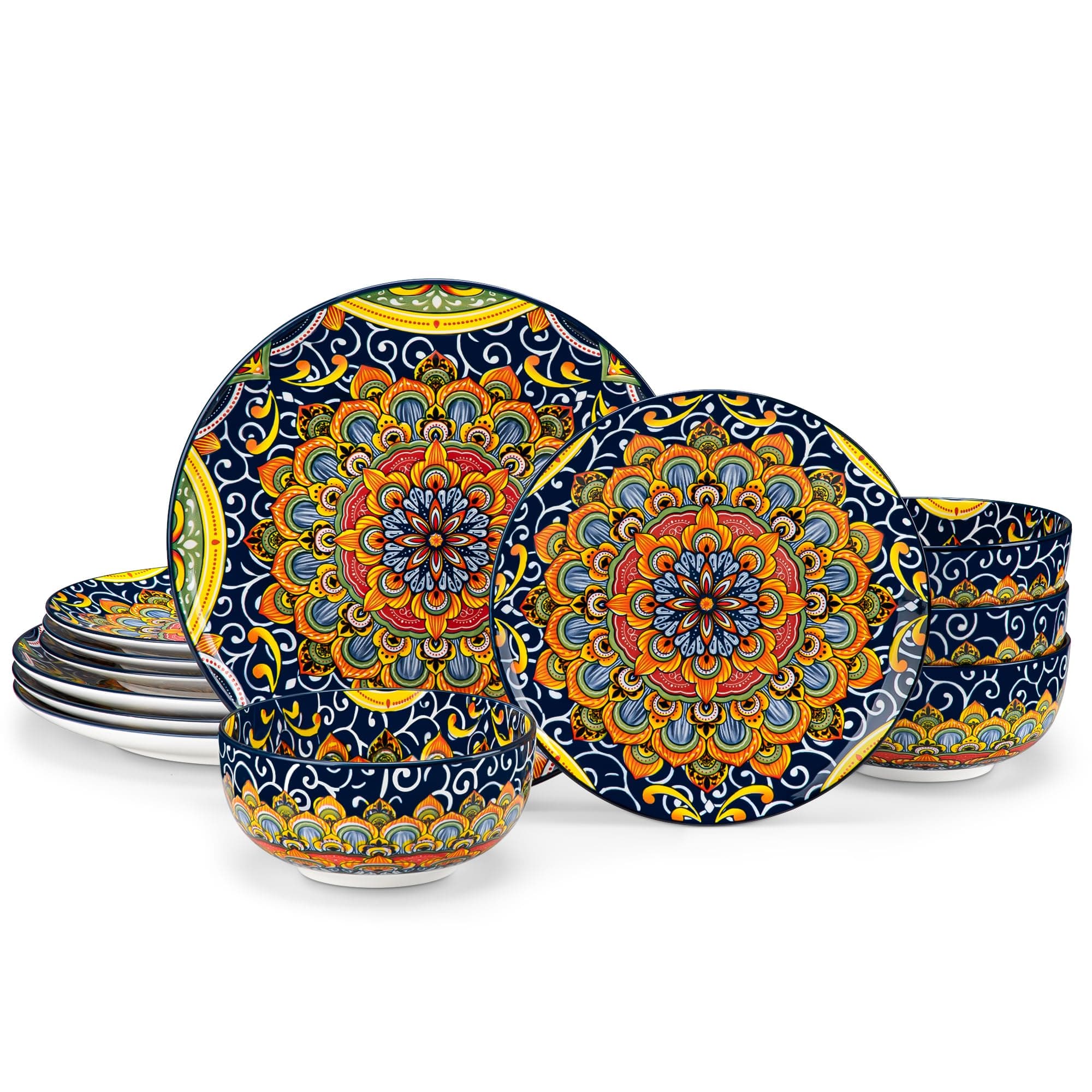 12 Pieces Dinnerware Sets, Dark Green Plates and Bowls Set, Porcelain Dishes Set for 4, Microwave and Dishwasher Safe, Scratch Resistant, Bohemian Style Dining Ware Service for 4, Series SIMI