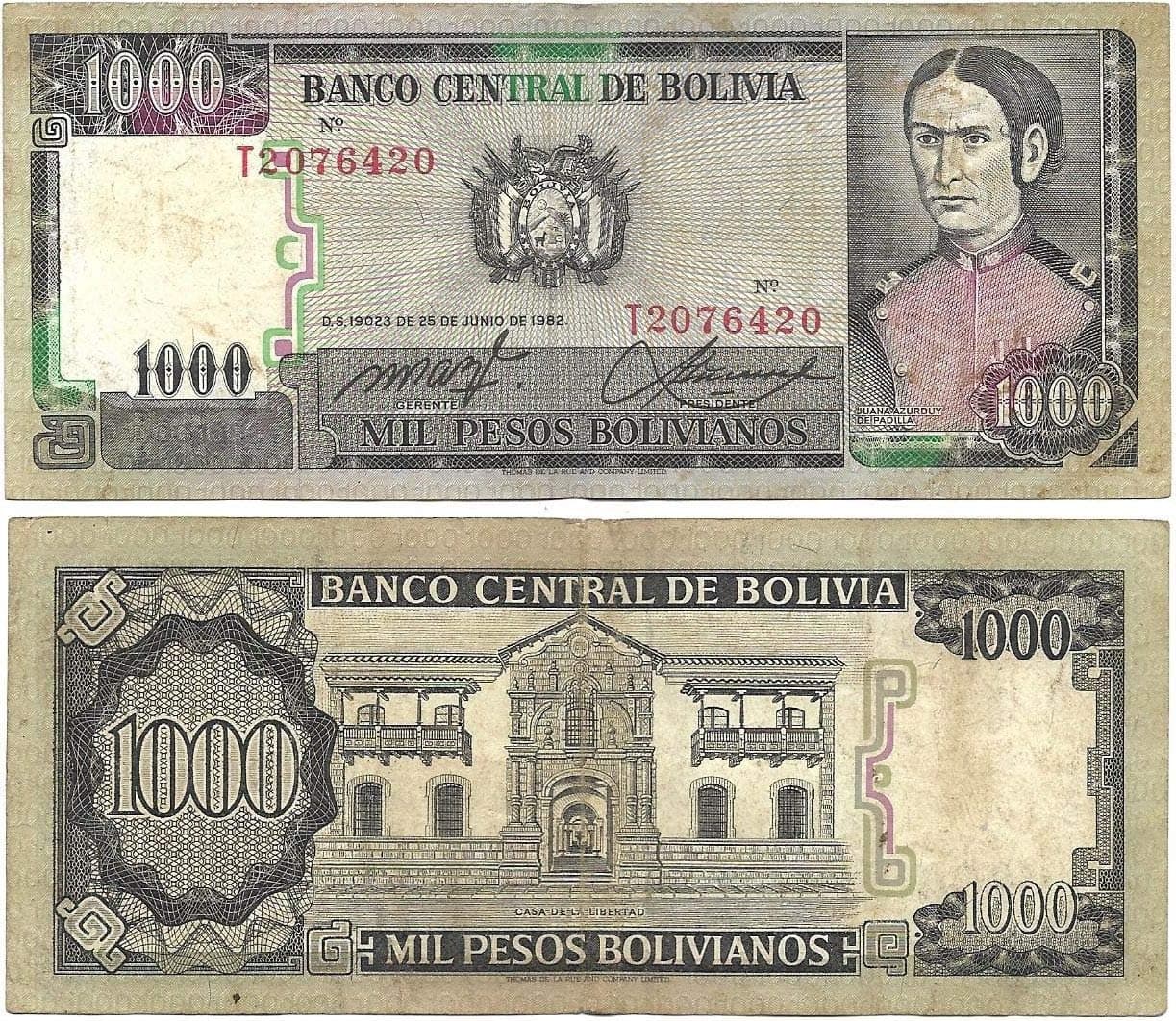 Bolivia 1000 Bolivianos Note 1982