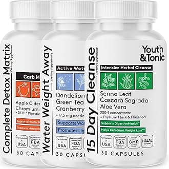 Youth & Tonic 3pk Detox Cleanse Kick-Off - Colon Cleanser & Water Loss Support - 15 Day Weight Management for Bloating & Water Retention Relief, Body, Gut & Colon Cleanse - 90 Capsules for Women & Men