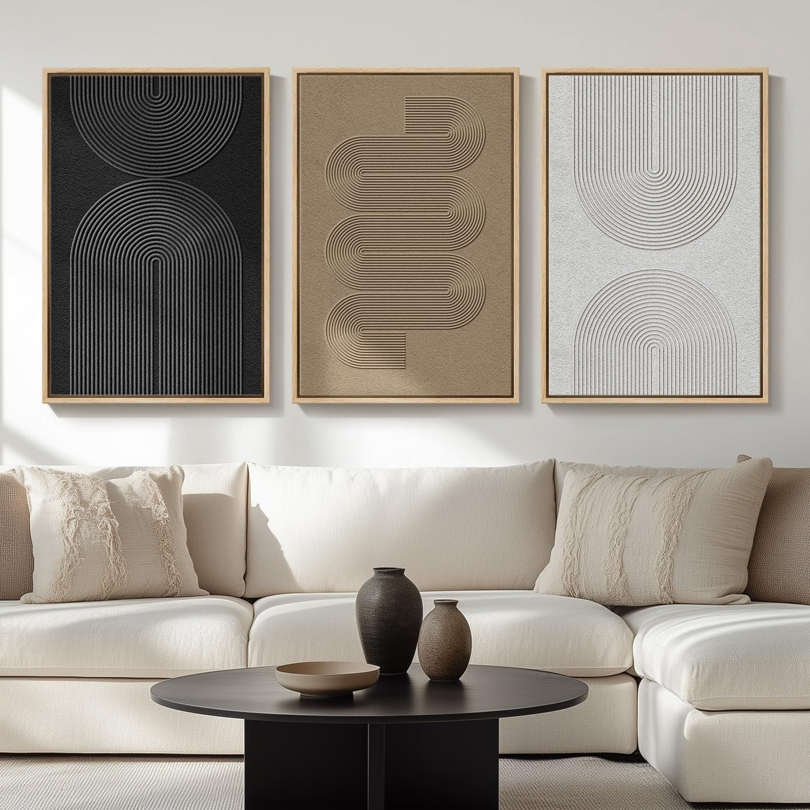 Large Framed Boho Modern Neutral Abstract Wall Art for Living Room, 3 Piece Black and White Canvas Prints Paintings Artwork for Walls, Geometric Pictures for Office Bedroom Dining Room Decor, 24x36 In