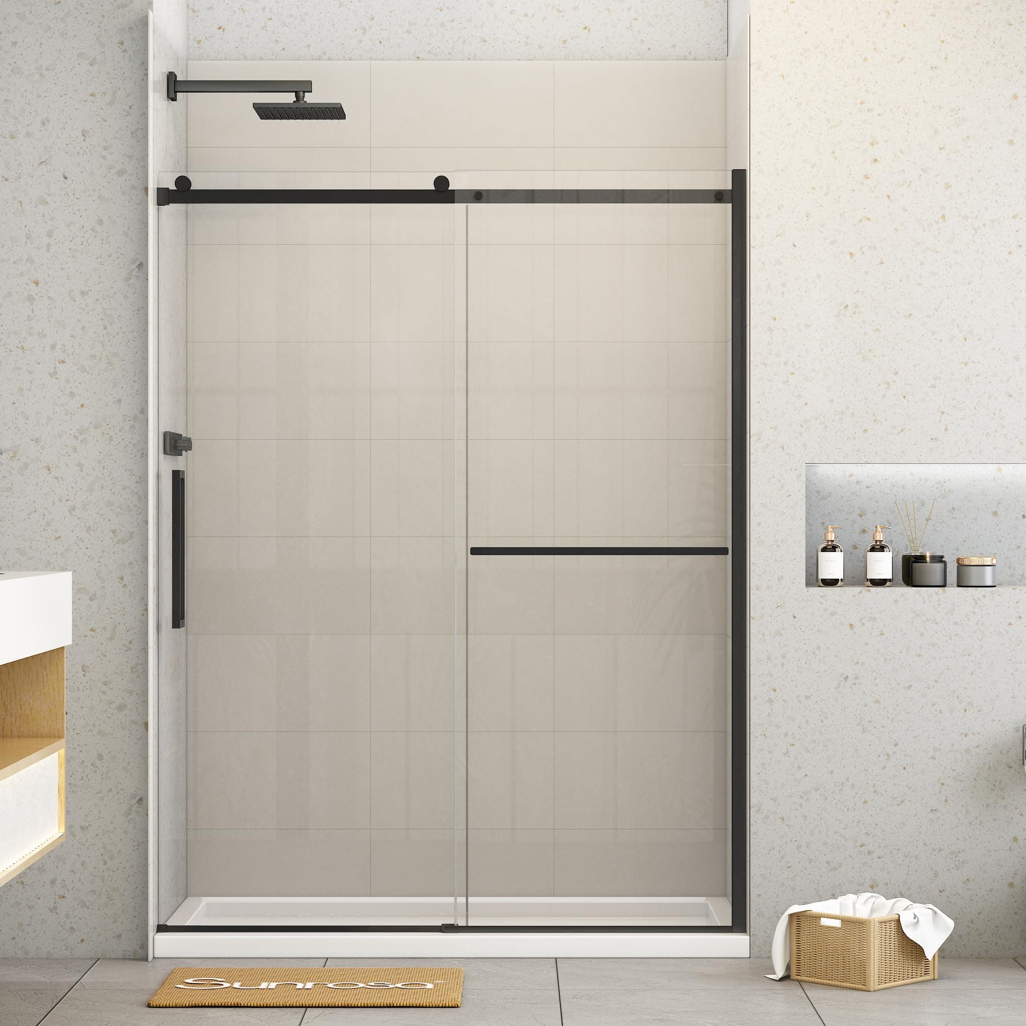 Sunrosa Shower Doors 60"×76", Single Sliding Shower Doors, Shower Door with Tempered Glass, Shower Glass Door in Matte Black
