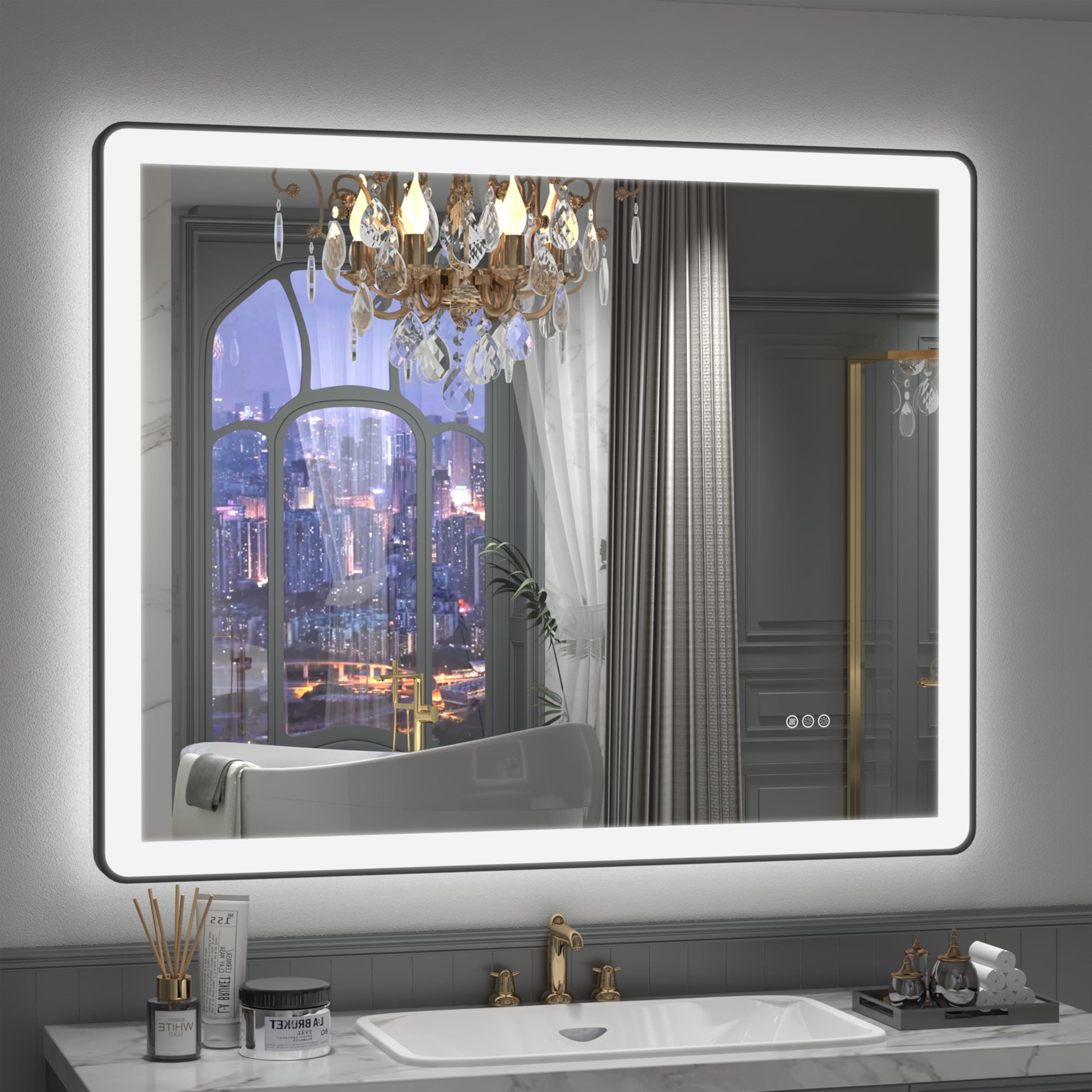 40"x36" LED Lighted Bathroom Mirror for Wall, Dimmable Framed Bathroom Vanity Mirror, Independent Backlit and Front Lights, Anti-Fog, Shatterproof, Memory, ETL Listed