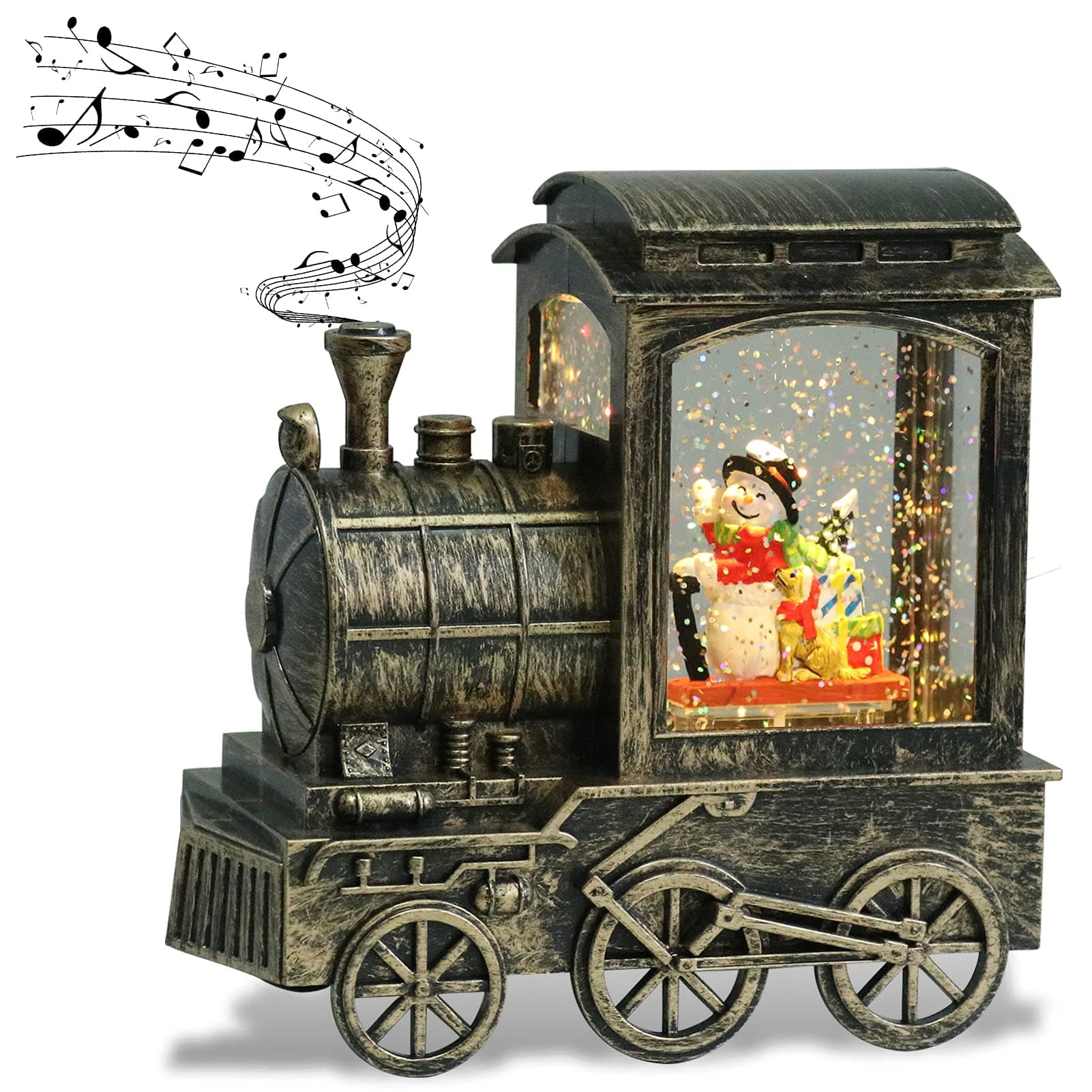 DRomance Music Snow Globe Train Lantern with Music and Timer, Battery Operated and USB Cable Snowman Lighted Snow Globe Spinning Water Glitter (Bronze, USB Included)