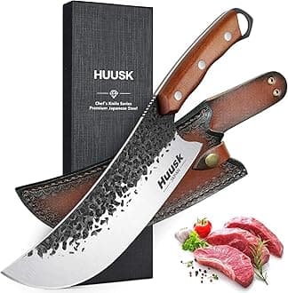 Huusk Butcher Knife for Meat Cutting, Meat Cleaver Heavy Duty with Sheath, Hand Forged Cooking Knives with Full Tang handle for Kitchen or BBQ, Men's gifts