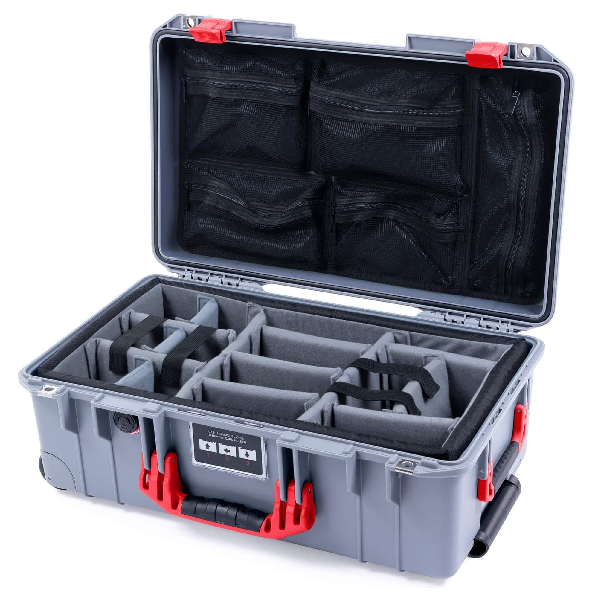 Pelican Color Case Silver & Red 1535 air case with Grey CVPKG dividers & mesh lid Organizer. Black