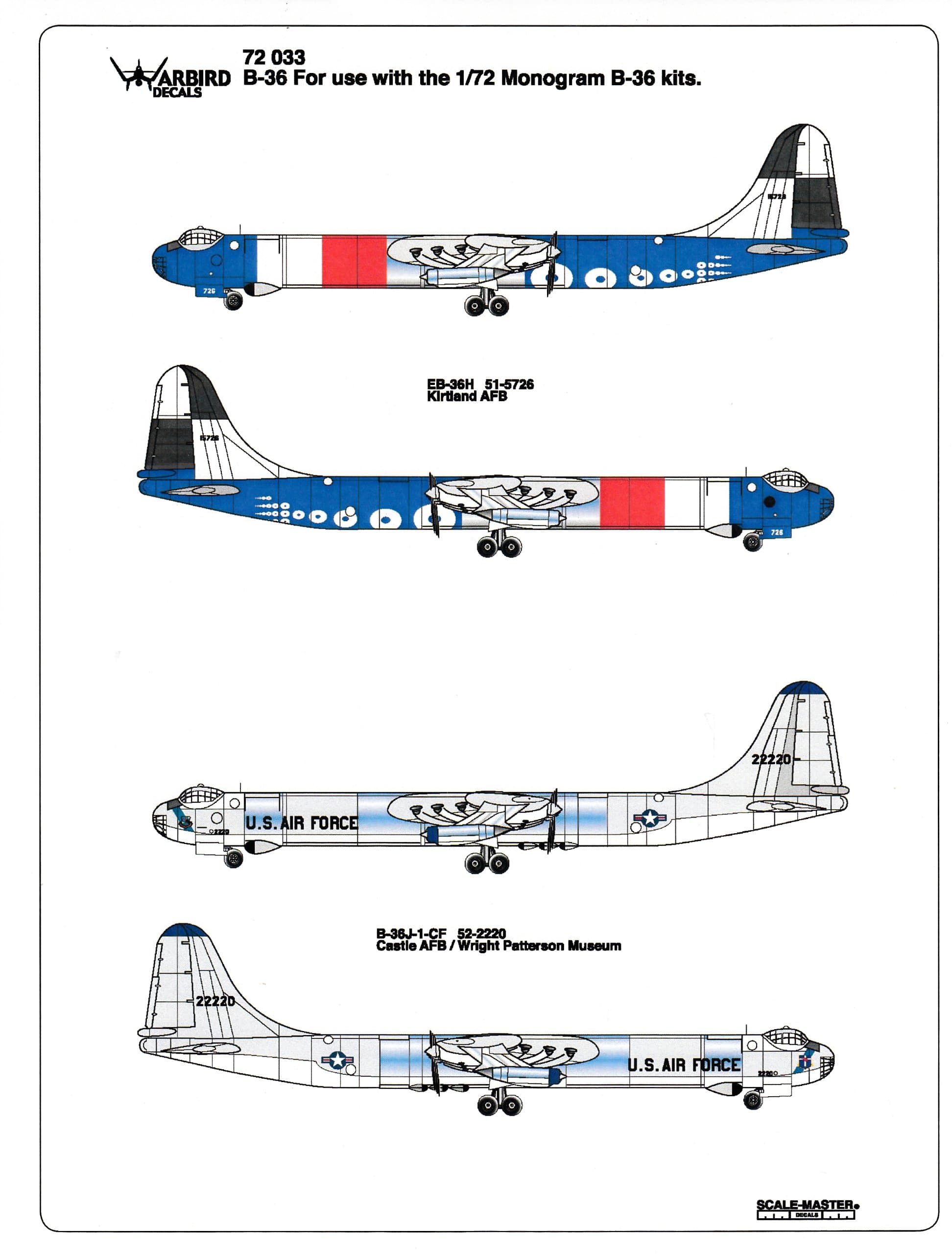 WBD72033 1:72 Warbird Decals - EB-36H Peacemaker DECAL SHEET