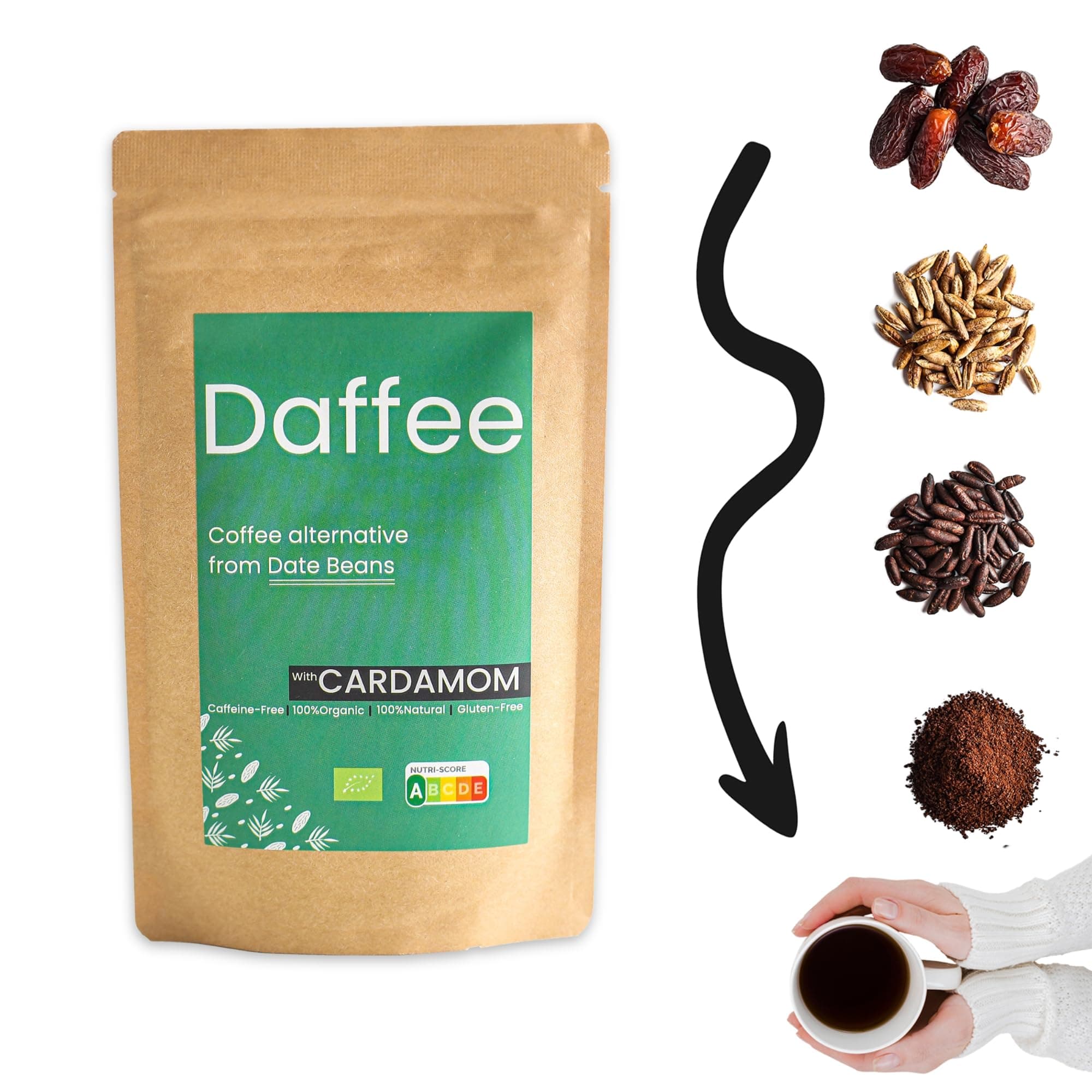 Coffee Alternative Made From Ground Organic Date Beans, Natural Cardamom, Natural Caffeine Free Coffee Replacement – Decaf Coffee Substitute - No CAF, Nutri Score A, 125g