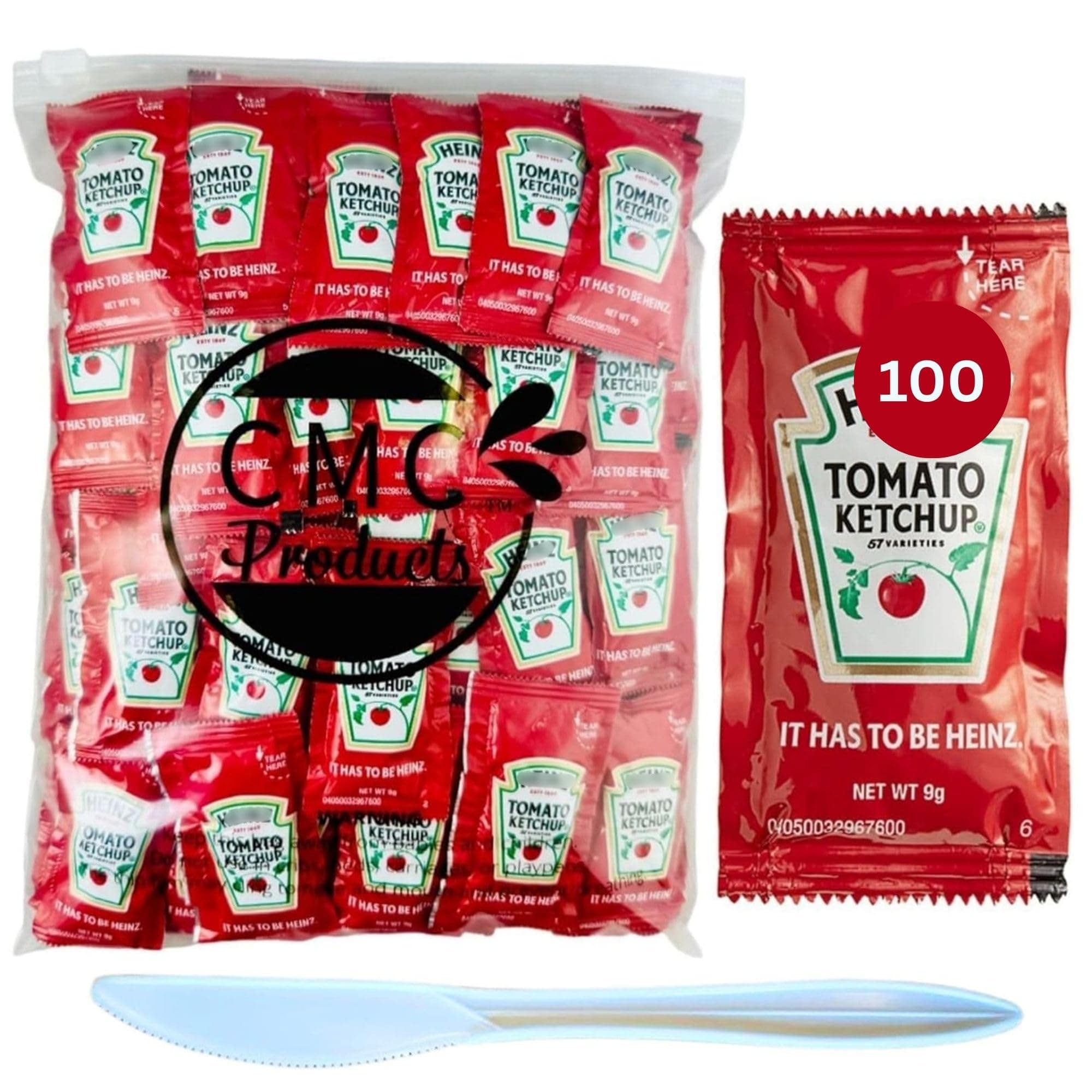 Gift Set: Ketchup Packets (9g) – 100 Count with Spreader in Food-Safe Resealable Bag by CMC Products (approximately 100 packets)