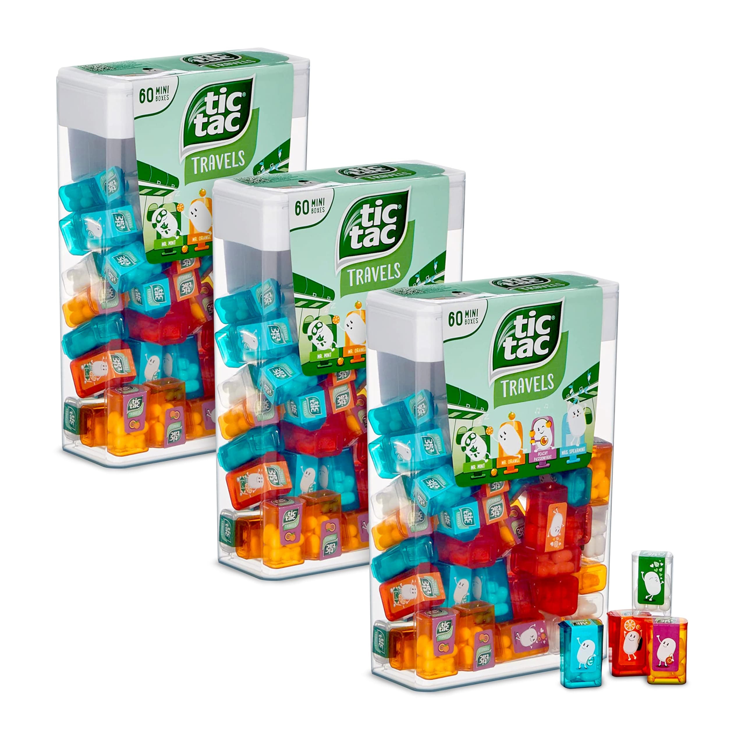 Tic Tac Travels Set: 3 large boxes with 60 mini boxes of 3.8 g each in fruit & mint flavours - ideal for travelling, for treats and as a creative gift idea