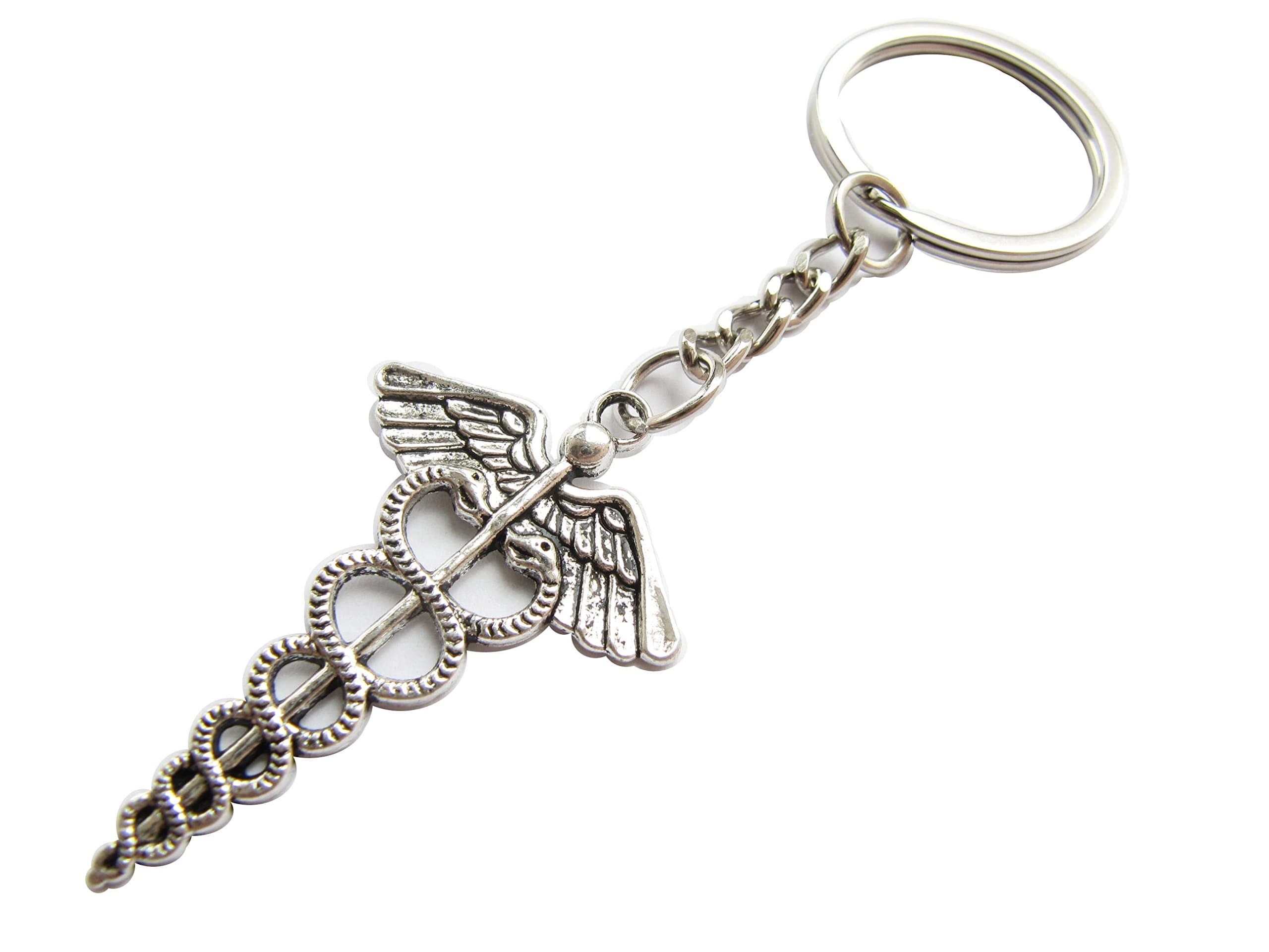 Ancient Silver Caduceus Medical Symbol Keychain