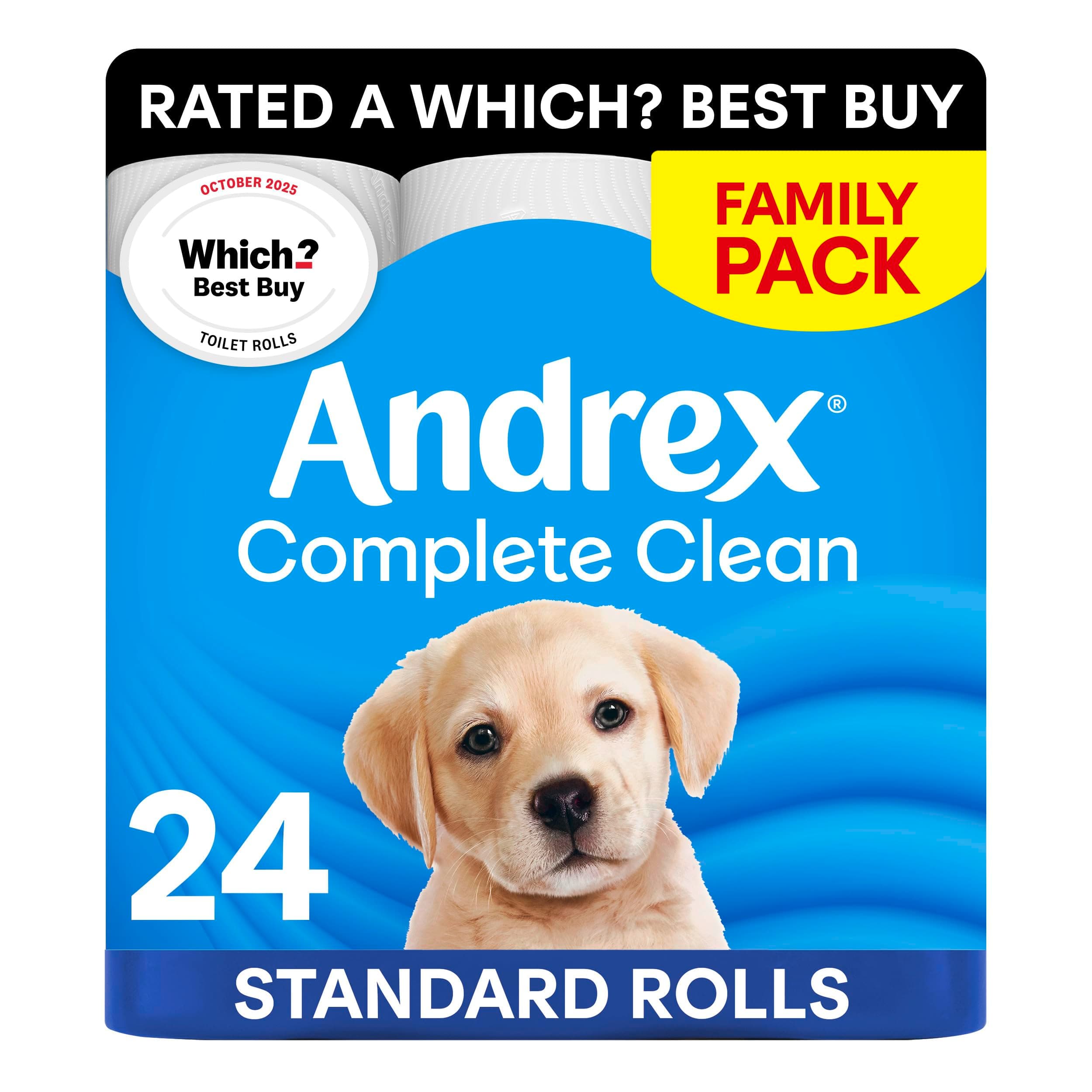 Andrex Complete Clean Toilet Roll - 24 Toilet Rolls, 2-Ply, Bulk Buy, Now Even Softer, FSC Certified, endorsed as a Which? Best Buy