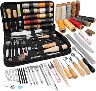 TLKKUE Leather Working Tool Kit, Leather Crafting Tools and Supplies for Beginners Leatherworking Sewing Upholstery Repair Kit with Waxed Thread Awl Needle Punch Tracing Wheel Groover