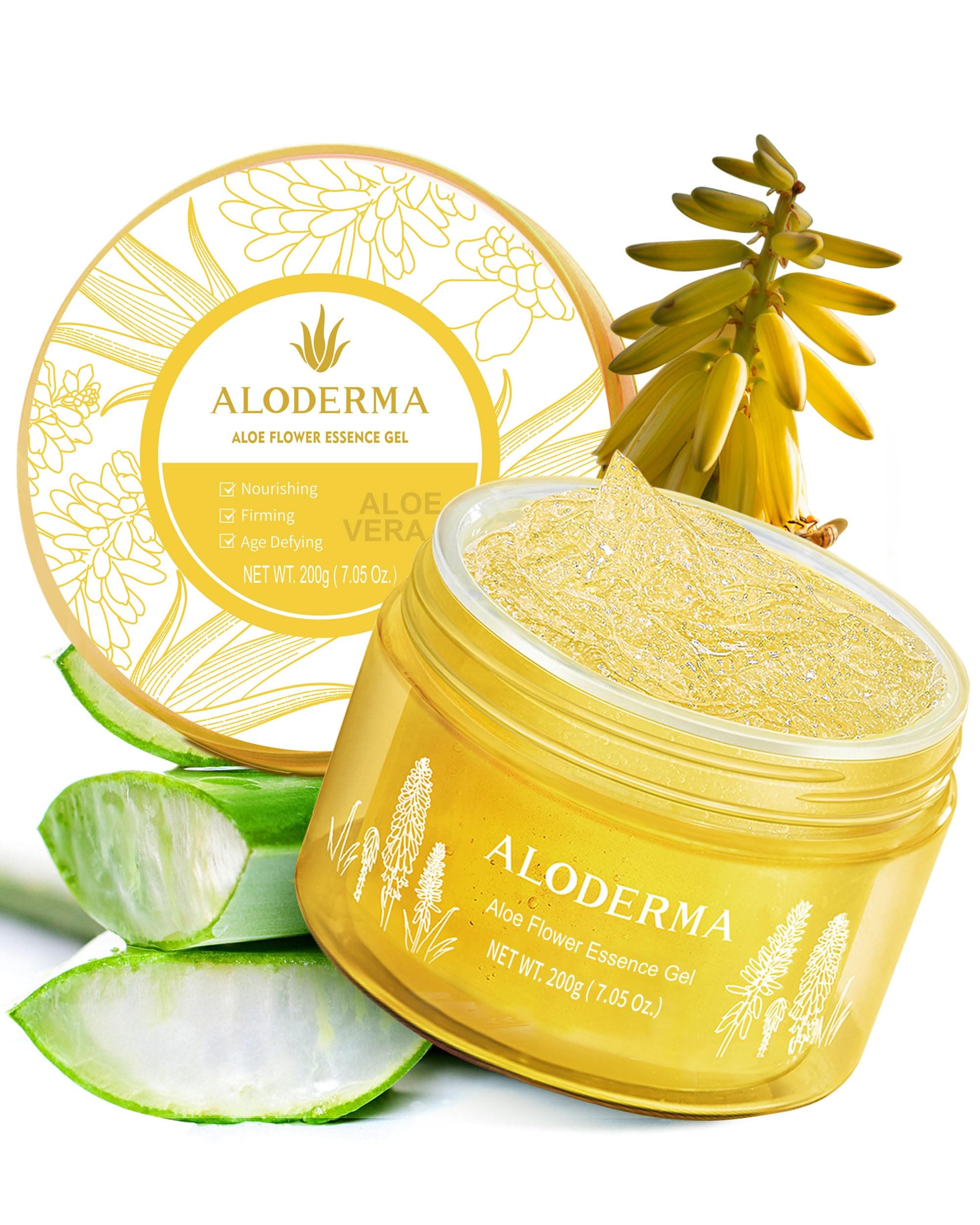 Age-Defying 24K Gold Leaf Aloe Flower Essence Gel, Made within 12 Hours of Harvest - Luxurious Aloe Gel with Allantoin & Hyaluronic Acid for a Glowing, Shimmering, Youthful Complexion, 7oz