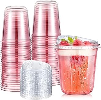Ziliny 50 Sets Clear Plastic Coffee Cups with Sip Lids, Disposable Plastic PET Crystal Cups for Iced Coffee, Smoothie, Cold Beverage, Drink Shops and Party Catering (Clear Pink,14 oz)
