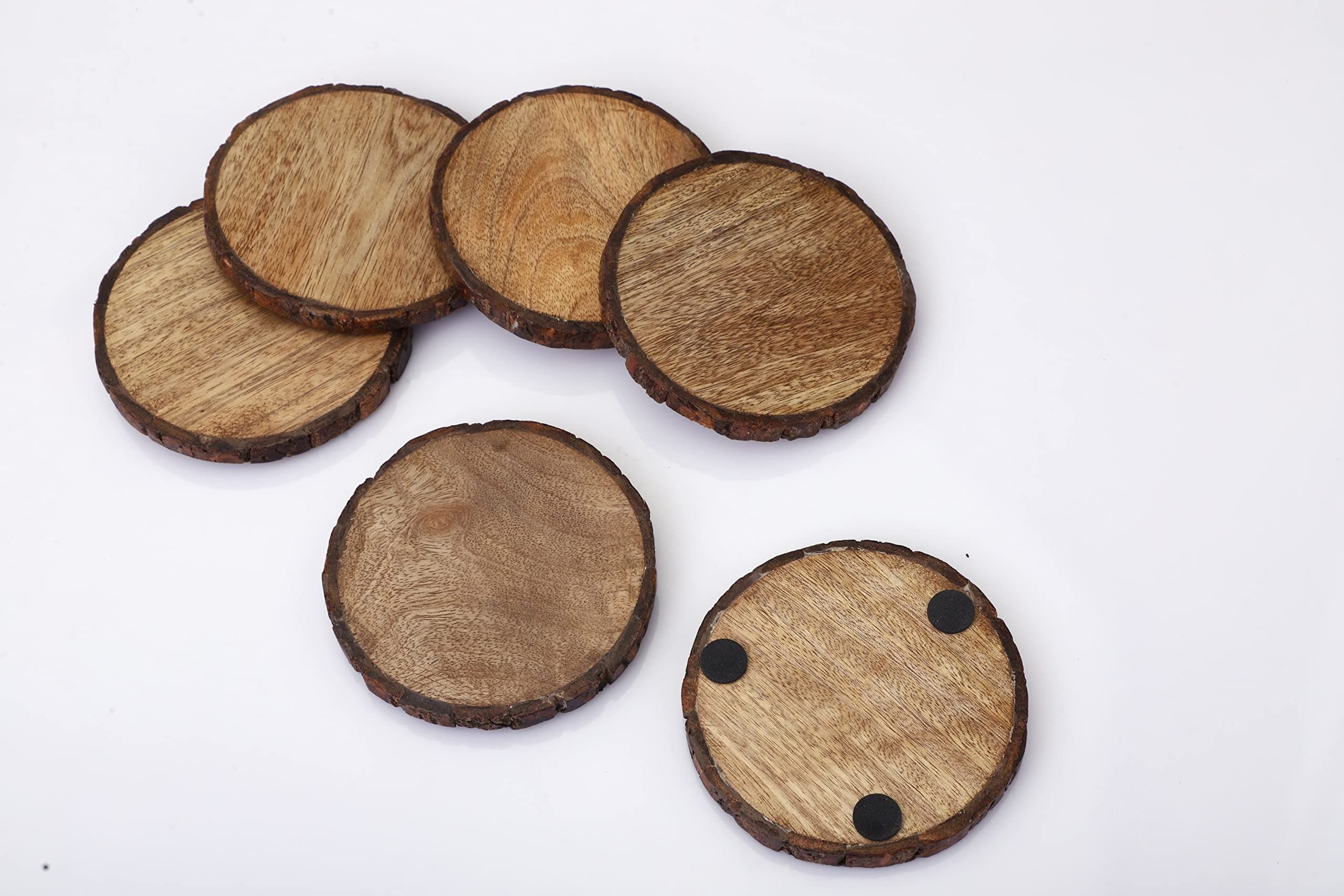 GURU JEE™ Handmade Natural Mango Tree Bark Wooden Coasters Set of 4 Drink Coasters and Holder for Tea Cups Coffee Round Home Table Decorative Gifts Showpiece