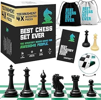 Best Chess Set Ever 4X Quadruple Weighted Tournament Chess Game (4.4" King) Large Staunton Modern Pieces 20x20 Big Reversible & Foldable Silicone Mat Professional Chess Board Set for Adults & Kids