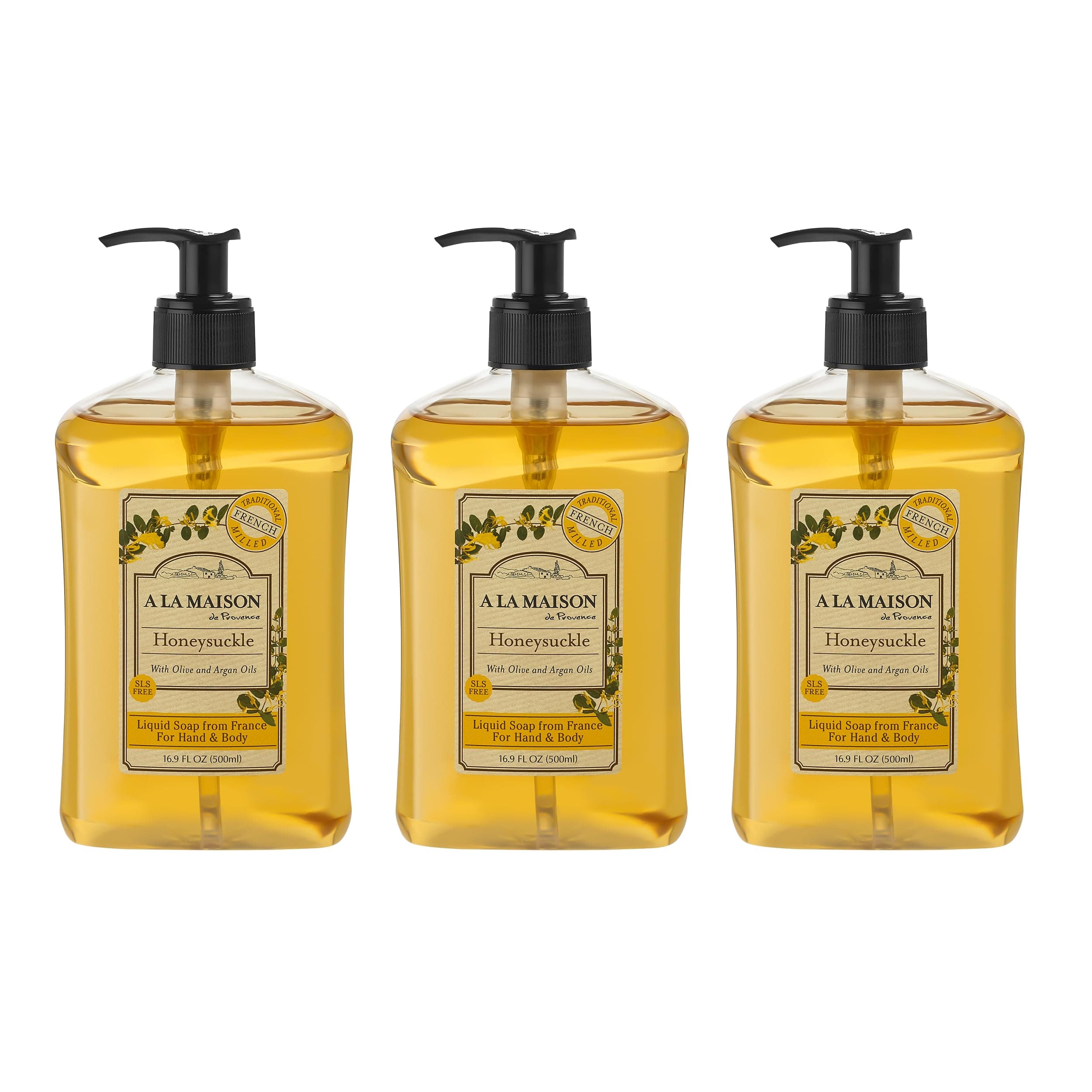 Honeysuckle French Liquid Hand Soap - Natural Hand Wash Made with Essential Oils - Biodegradable, Plant-Based, Vegan, Cruelty-Free, Alcohol & Paraben Free (16.9 oz, 3 Pack)