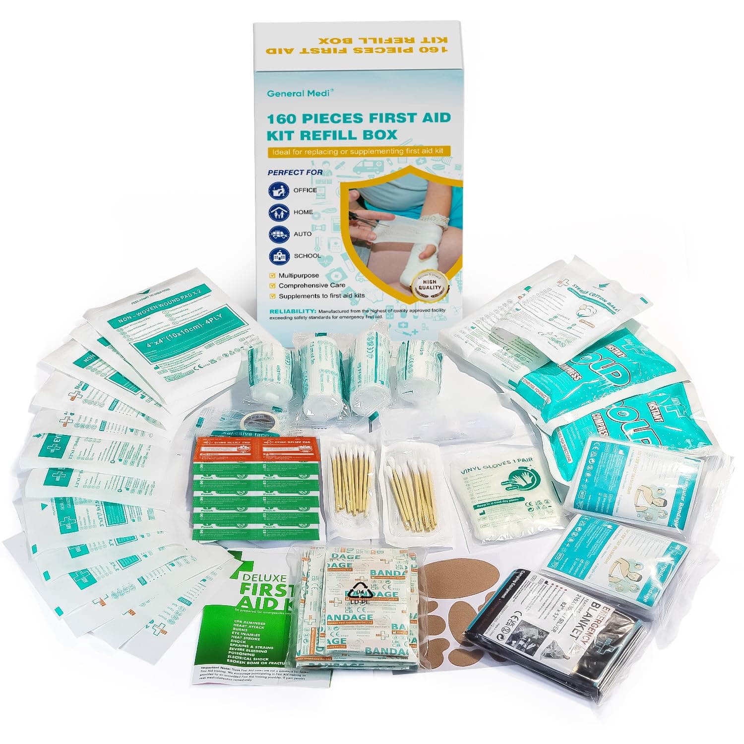 General Medi 160 Piece First Aid Kit Bag Refill Kit - Includes Instant Cold Pack, Bandages,Emergency Blanket, Moleskin Pad, Gauze - Extra Replacement Medical Supplies for First Aid