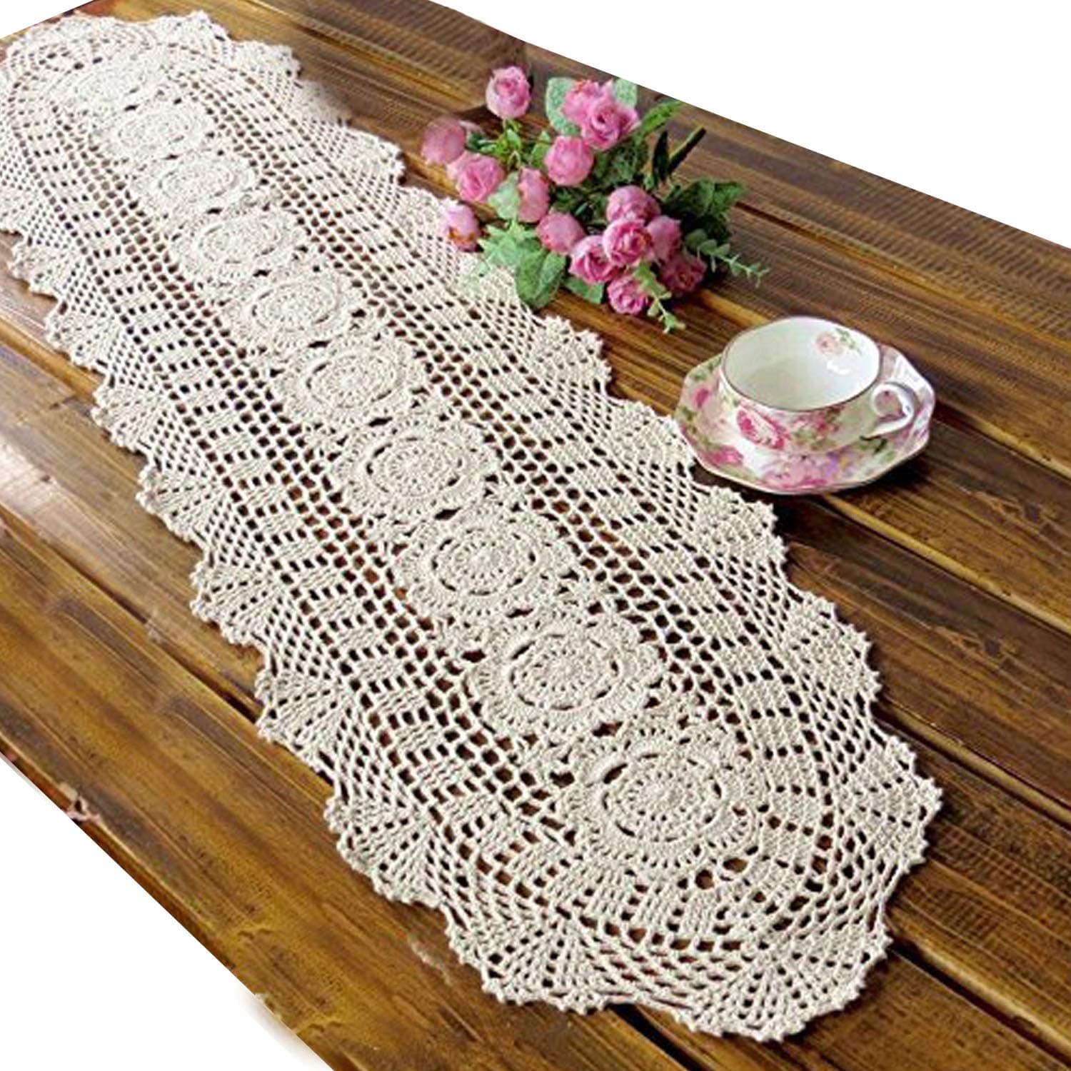 USTIDE Floral Hand Crochet Table Runner Doily Beige Lace Table Doilies Cotton Table Placemats Oval Table Runners, 11.8"x23.6"
