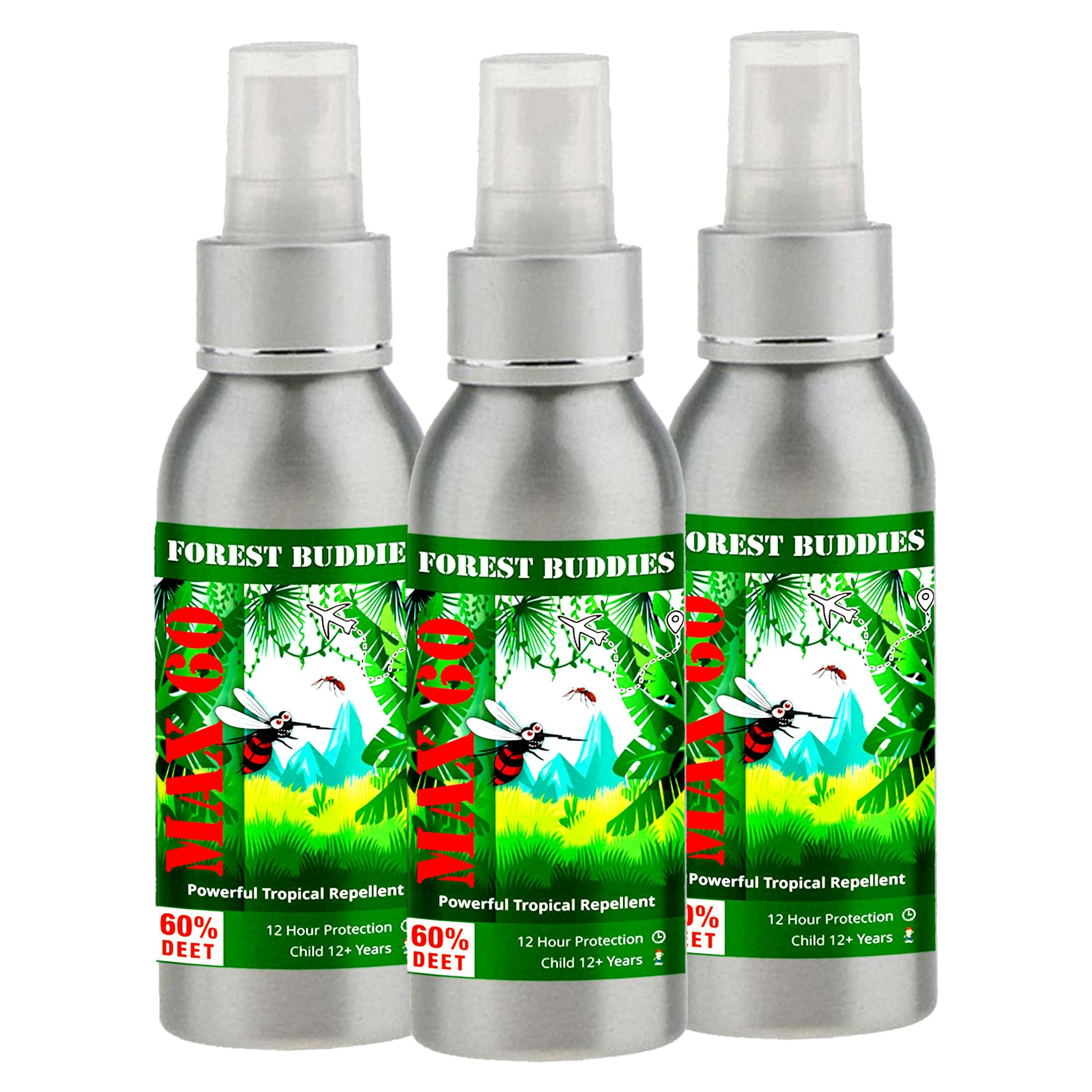 3X Forest Buddies Max 60 100ml 60% DEET Formula Unscented Maximum Strength Against Mosquitoes Biting Insects & Ticks UP to 12 Hours Protection for Any Destination Inc.Tropics Mosquito Repellant Spray