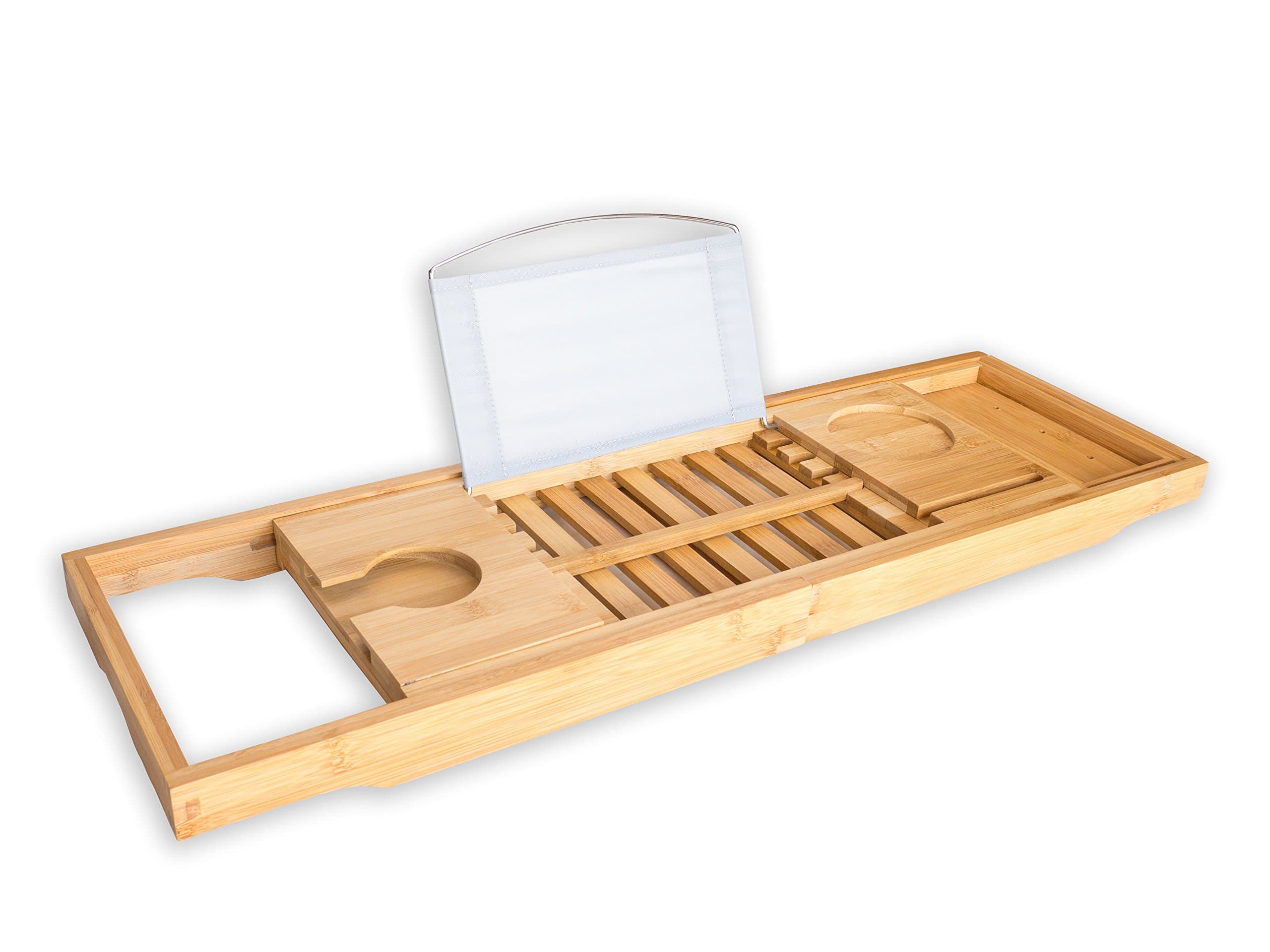 BRUMA #1 Premium Bathtub Caddy with Extending Sides - Adjustable Over the Bath Tub Tray Storage - Bamboo Bath Bridge Shelf - Premium Wooden Bathroom Rack - Tablet Cellphone Wine and Book Holder