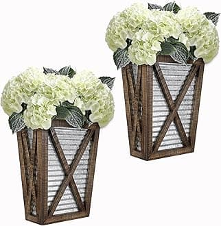 Large Rustic Farmhouse Wall Planter Set of 2, Farmhouse Decor Wall Hangings for Hanging Planter Indoor, Galvanized Wall Planter, Corrugated Metal, Wooden, Brown - Flowers Not Included