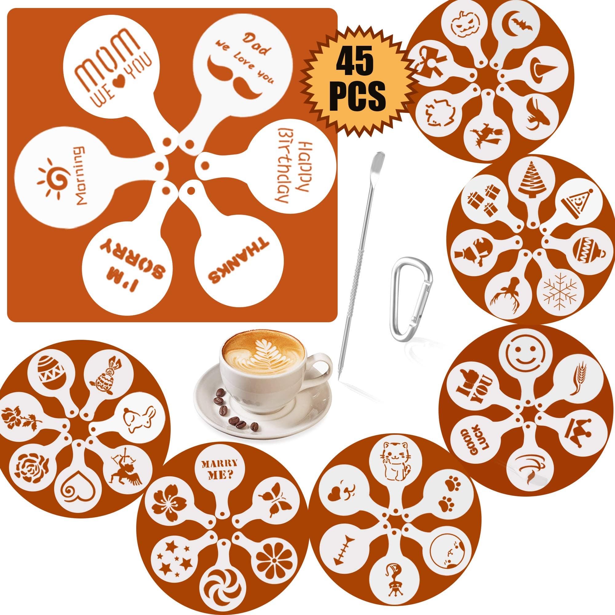 45-Pack Coffee Decorating Stencils + 1 Coffee Latte Art Pen, Magnoloran Foam Latte Art Stencils Cookie Decorating Stencil Cappuccino Stencils, for All Kinds of Mousse, Cup Cake, Birthday Cake