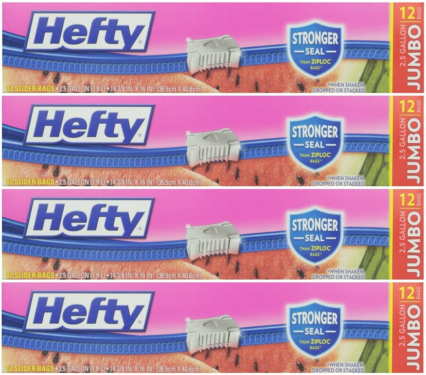 Hefty Slider 2.5 Gallon Jumbo Storage Bags, 12 Count Boxes (Pack of 4)