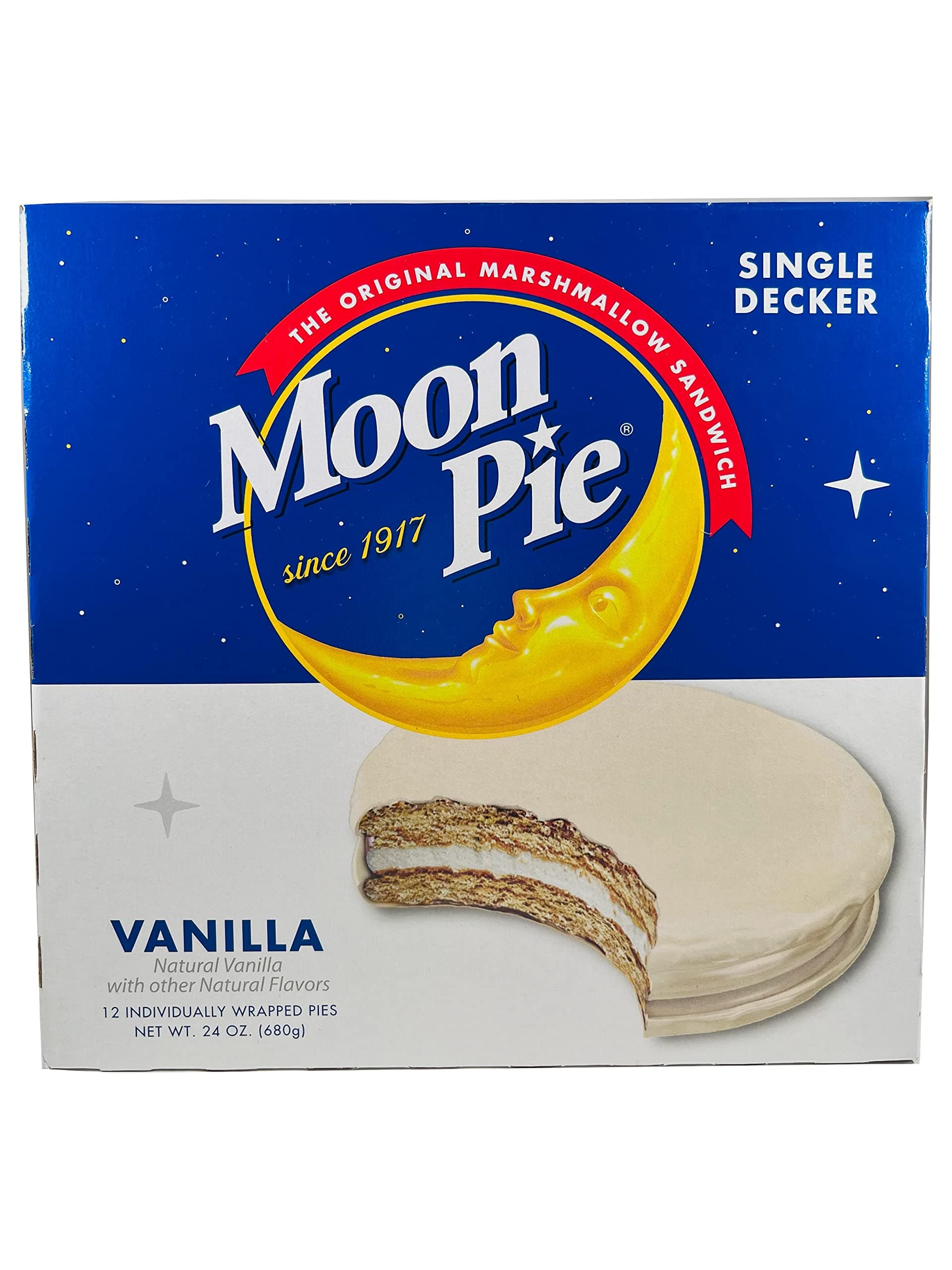 Moon Pie Single Decker - Vanilla. The Original Marshmallow Sandwich, 12 Pies per box.