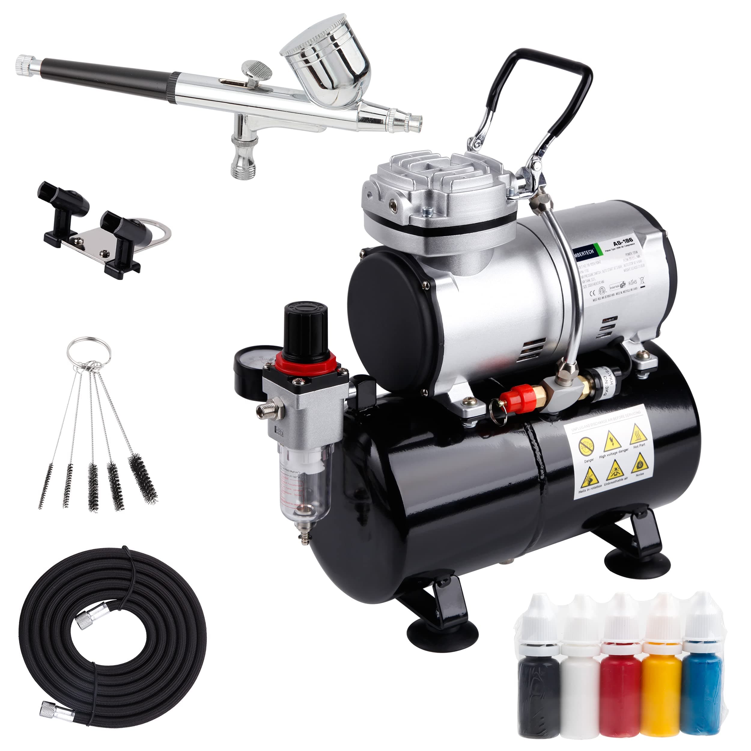 Timbertech Airbrush Kit With Compressor AS-186K With Airbrush Gun, Air Hose, Cleaning brush & Paints for hobby, graphic and so on