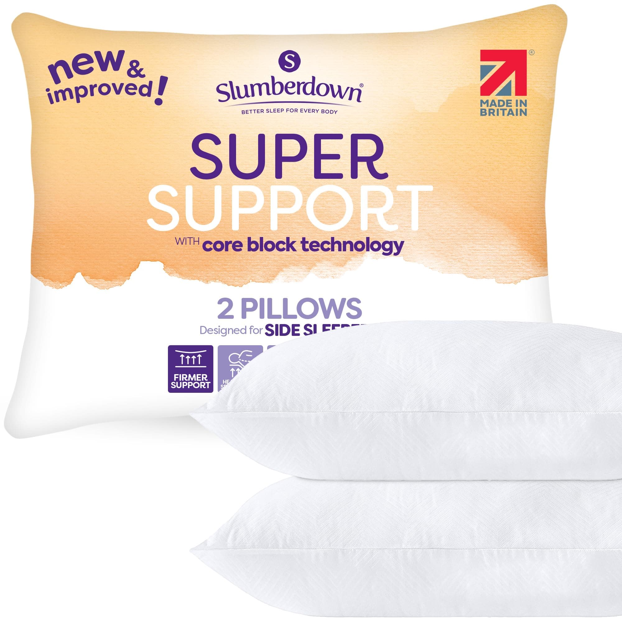 Slumberdown Super Support Pillows 2 Pack - Firm & Supportive Pillow for Side Sleepers, Reduces Neck & Shoulder Pain | Foam Block, UK-Made, Non-Allergenic & Washable (48 x 74cm)