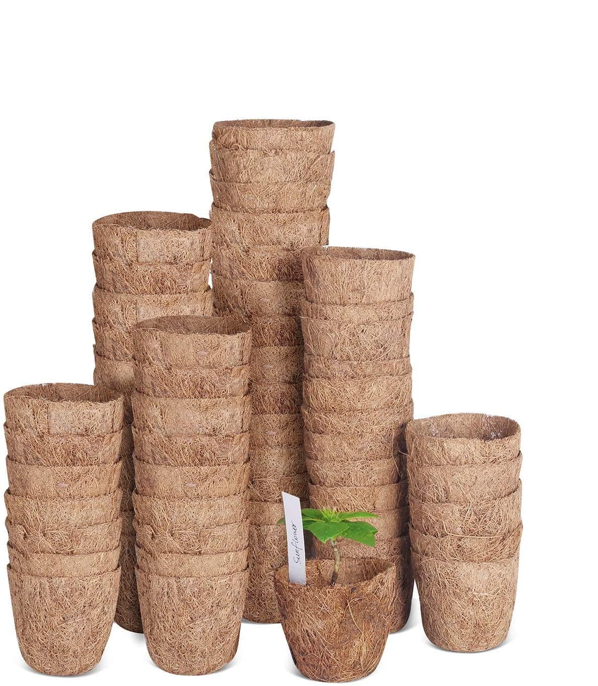 SOLIGT 60 Pack of 3 Coco Coir Seed Starter Pots, Sustainable & Biodegradable Pots Aternative to Peat Pots, Includes 20 Plastic Plant Markers