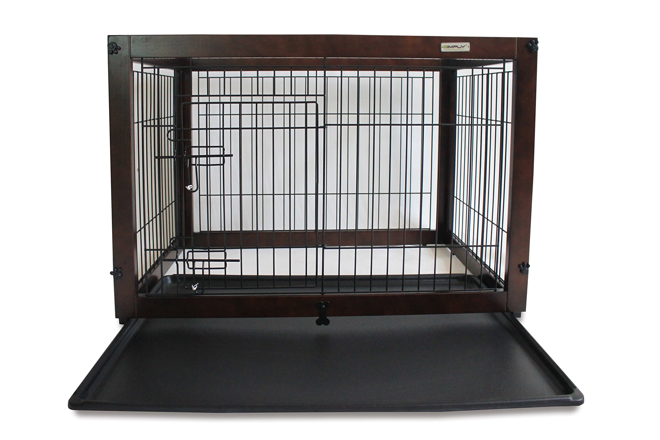 Simply Plus Deluxe Dog Crate [Newly Designed Model], Solid Wooden Frame+ Metal w / Tray