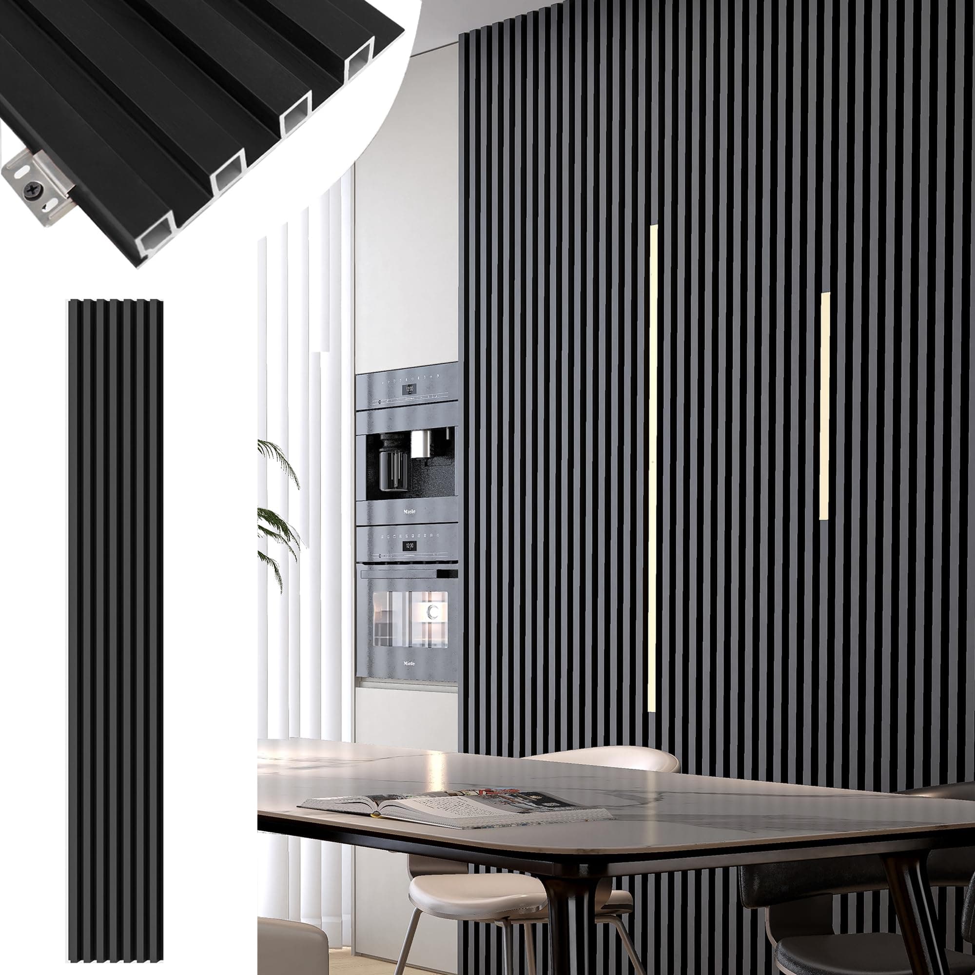 Black Wall Panels for Interior Decor 96x6.6in 8Pack WPC Wall Panel Waterproof Matte Finish Black 3D Accent Wall for Living Room Bedroom Hall Office, 33.6 sq.ft Coverage Slat Wall Paneling