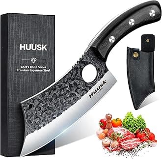 Huusk Knives Japan, Hand Forged Meat Cleaver Knife with Sheath, High Carbon Steel Kitchen Knife for Meat and Vegetables, Full Tang Butcher Knife for Camping, BBQ, Christmas Gift for Men and Women