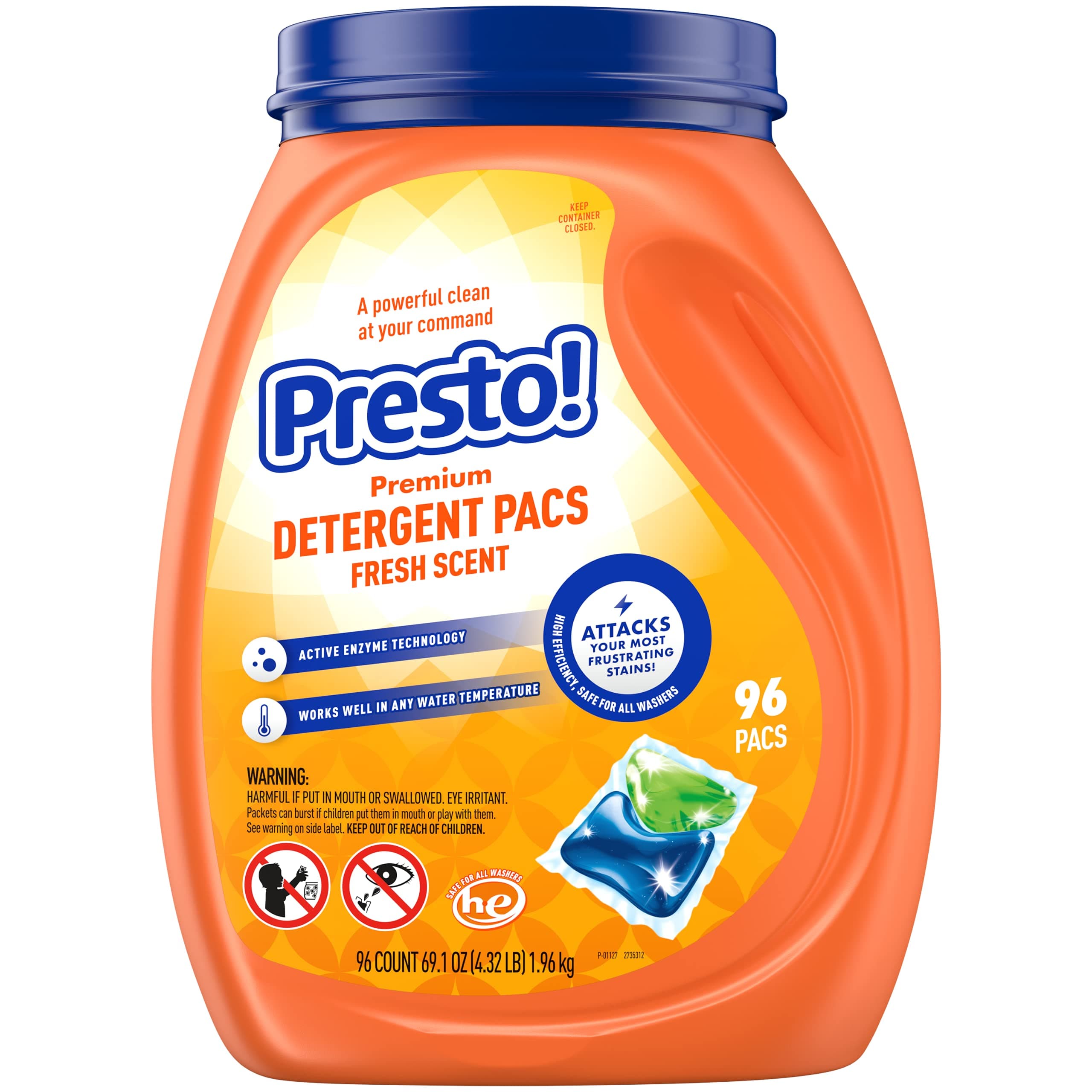 Amazon Brand - Presto! Laundry Detergent Pacs, Fresh Scent, 3-in-1 Stain Remover and Odor Fighter, HE Compatible, 96 Count