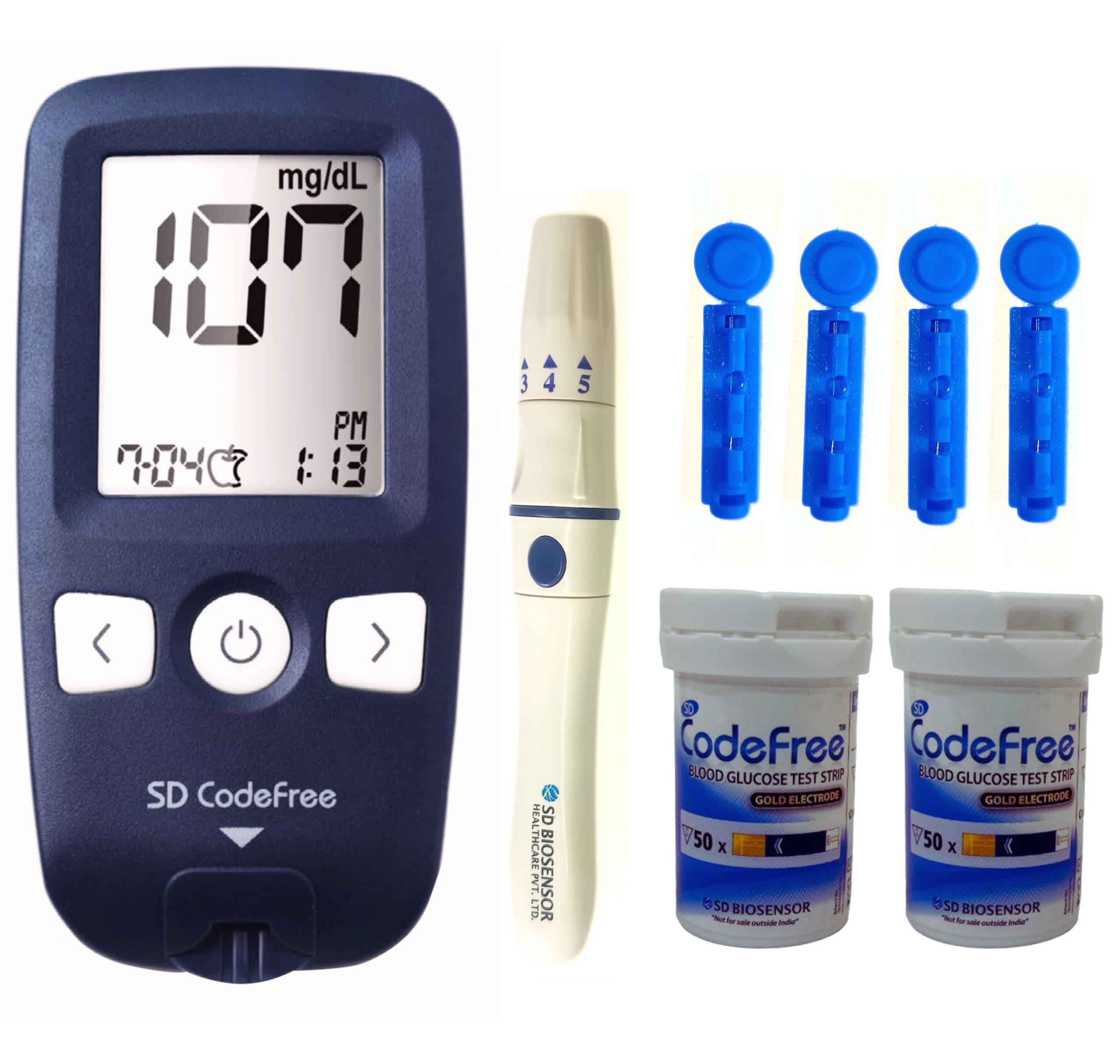 SD Codefree Blood Glucose Glucometer Kit With Vial Of 100 Strips, 100 Round Lancets and Lancing Device SD Biosensor Accurate Blood Sugar Testing Machine, Blue